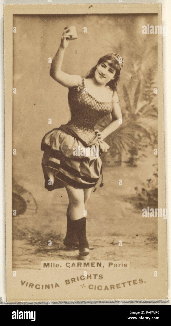 Mlle. Carmen, Paris, vom Schauspieler und Schauspielerinnen-Serie (N45, Typ 1) für Virginia Brights Zigaretten. Maße: Blatt: 2 3/4 x 1 3/8 in. (7 x 3,5 cm). Herausgeber: Herausgegeben von Allen&Ginter (Amerikanische, Richmond, Virginia). Datum: Ca. 1888. Handel Karten aus dem "Schauspieler und Schauspielerinnen"-Serie (N45, Typ 1), ausgestellt. 1888 von Allen&Ginter Virginia Brights, Dixie, Unsere kleinen Schönheiten und Opera Puffs Zigaretten zu fördern. Museum: Metropolitan Museum of Art, New York, USA. Stockfoto