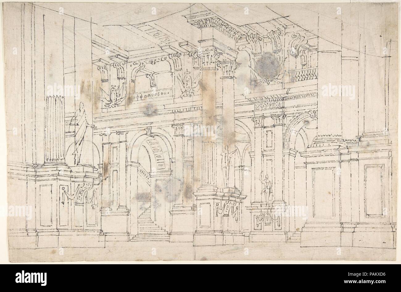 Maßbild: Stage Set Design für eine Leistung der "Iphigenie". Verso: Zwei Entwürfe für Palace Interieur. Artist: Fabrizio Galliari (Italienisch, Andorno 1709-1790 Treviglio). Maße: Blatt: 6 5/16 x 8 11/16 in. (16 x 22 cm). Datum: 1709-90. Museum: Metropolitan Museum of Art, New York, USA. Stockfoto