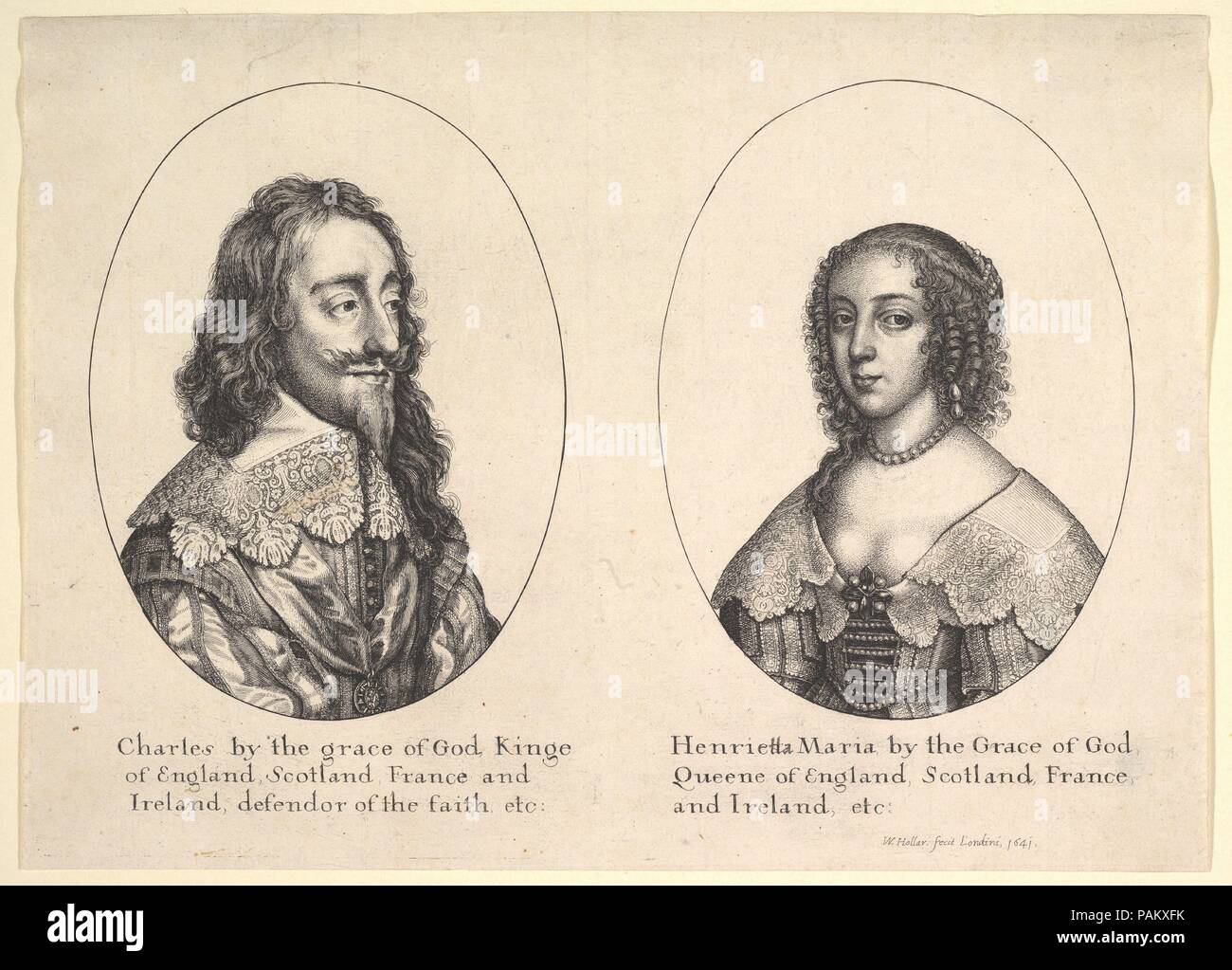 Charles I und Henrietta Maria. Artist: Nach Anthony van Dyck (Flandern, Antwerpen 1599-1641 London). Maße: Blatt: 7 x 9 5/8 in. (17,8 x 24,4 cm). Plasmaätzer: Wenzel Hollar (Böhmische, Prag 1607-1677 London). Sitter: Karl I., König von England, Schottland, Wales und Irland (Britisch, Dunfermline, Schottland 1600-1649, London); Henrietta Maria, Königin von England (British, 1609-1666). Datum: 1641. Hollar geätzt diese Portraits des Königs und der Königin von England auf einer Kupferplatte. Impressionen wie diesem, das königliche Paar zusammen angezeigt, sind selten; die Platte wurde später schneiden zwei Sep zu erstellen Stockfoto