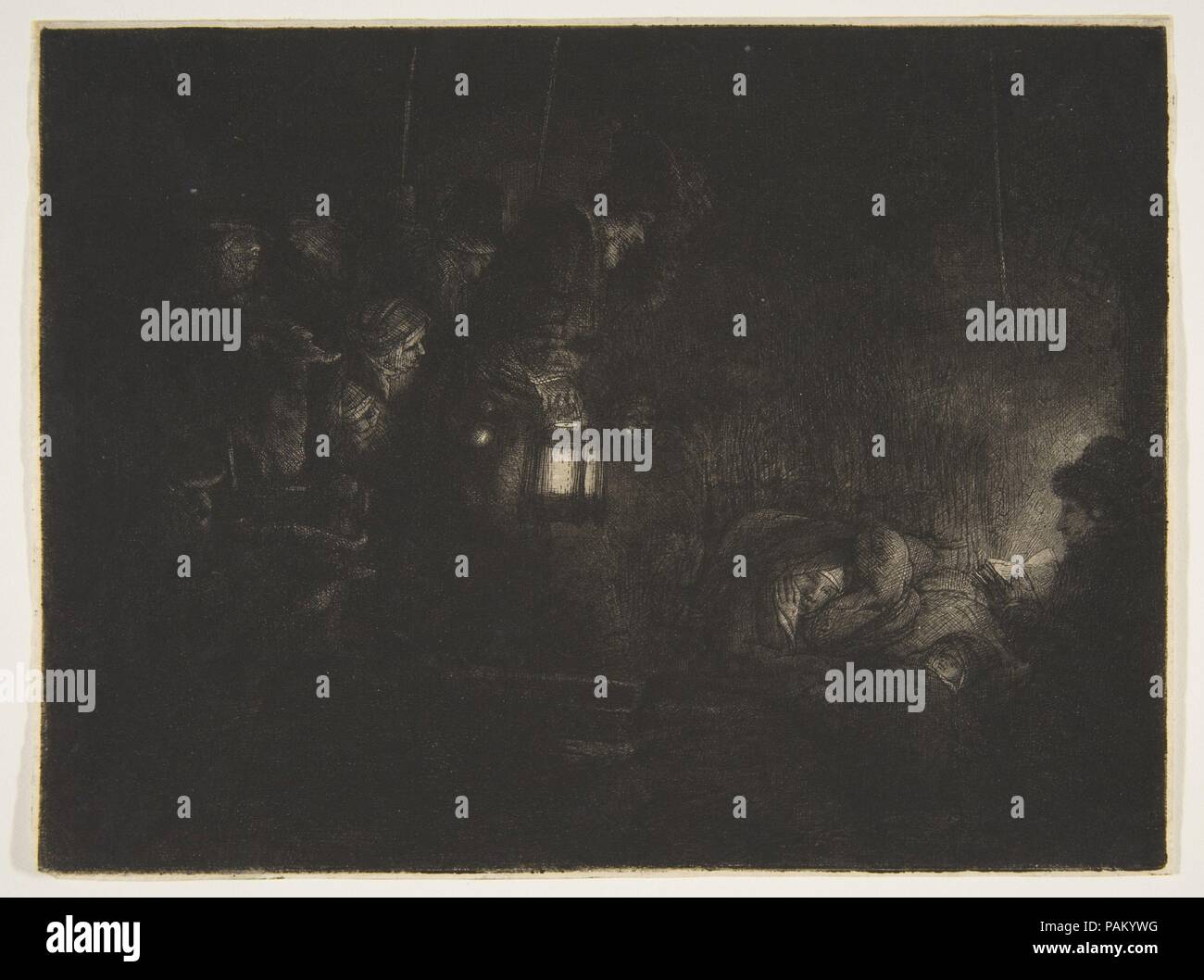 Die Anbetung der Schäfer: eine Nacht Stück. Artist: Rembrandt (Rembrandt van Rijn) (Niederländisch, Leiden 1606-1669 Amsterdam). Abmessungen: Platte: 5 3/4 x 7 11/16 in. (14,6 x 19,5 cm) Blatt: 5 7/8 x 7 13/16 in. (15 × 19,8 cm) Rahmen: 21 x 16 in. (53,3 × 40,6 cm). Datum: Ca. 1657. Museum: Metropolitan Museum of Art, New York, USA. Stockfoto