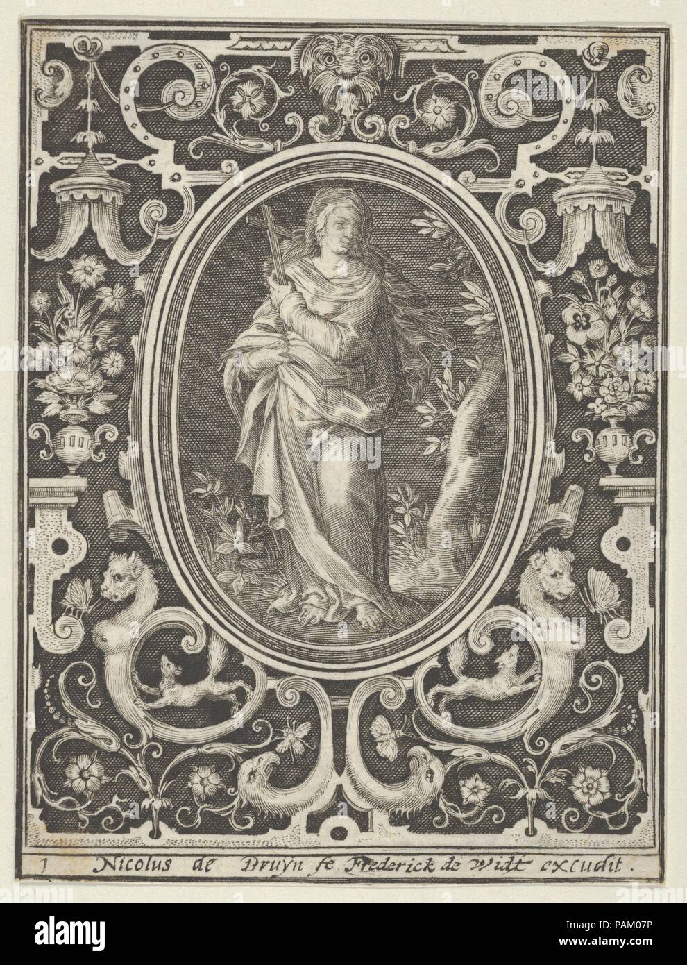 Der Glaube, von den Kardinaltugenden. Artist: Nicolaes de Bruyn (Niederländischen, Antwerpen, Rotterdam 1571-1656). Maße: Blatt: 4 1/4 x 3 1/4 in. (10,8 × 8,2 cm). Herausgeber: Assuerus van Londerseel (1572-1635). Serie/Portfolio: Kardinaltugenden. Datum: 1648-56. Die weibliche Figur Glaubens hält ein Kreuz auf der rechten Seite mit einem Baumstumpf hinter, in einem Oval in der Mitte. In der Umgebung des ovalen, ornament Design mit Grotesken und eine Maske oben in der Mitte. Aus einer Reihe von vier Platten. Museum: Metropolitan Museum of Art, New York, USA. Stockfoto