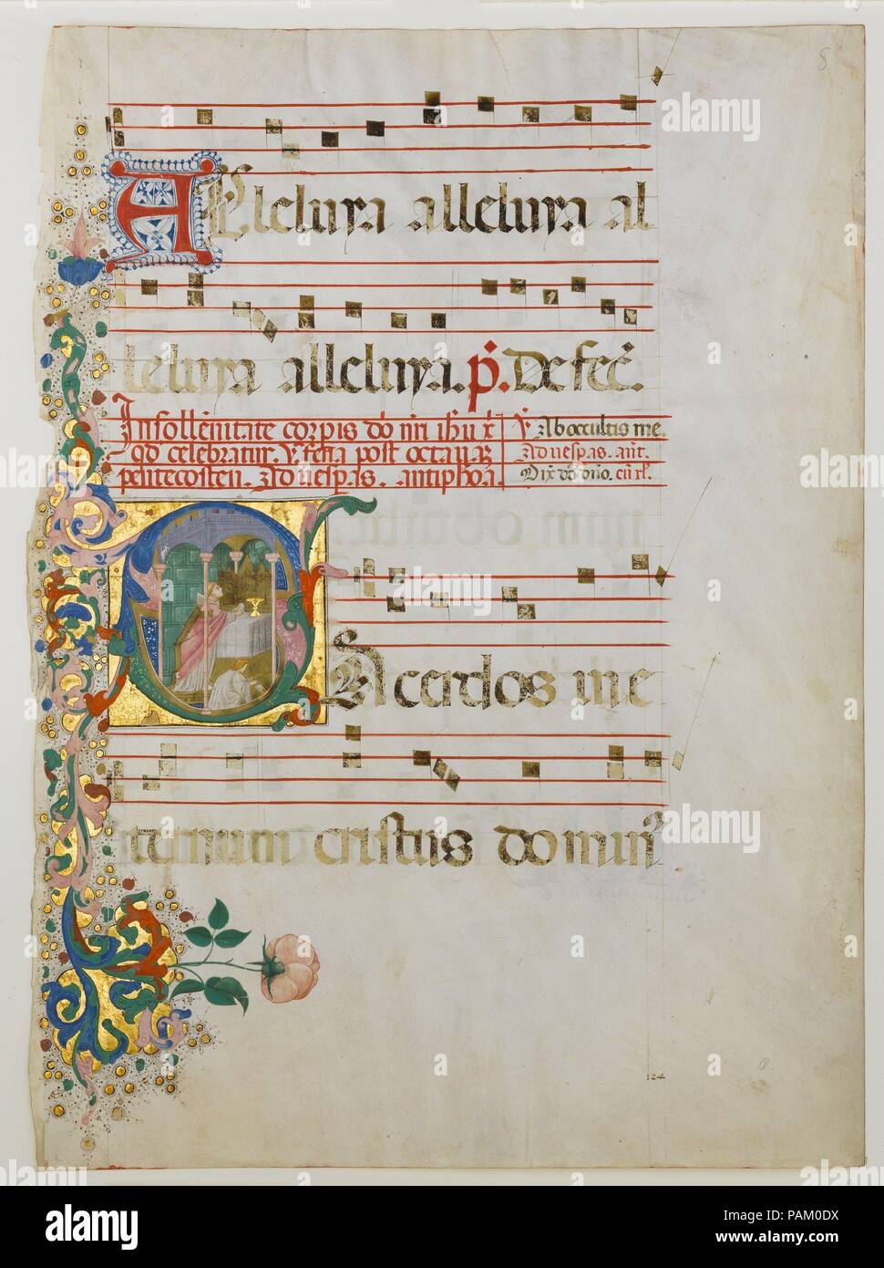 Manuskript Blatt mit der Feier einer Masse in einem ersten S, aus einem antiphonar. Artist: Meister des Riccardiana Lactantius. Kultur: Italienisch. Abmessungen: Insgesamt: 21 9/16 x 16 1/8 in. (54,7 x 40,9 cm) schreiben: 4 7/16 x 4 5/16 in. (11,2 x 11 cm) Mat Größe: 30 1/2 x 21 13/16-in. (77,4 x 55,4 cm). Datum: Zweite Hälfte 15. Jahrhundert. Museum: Metropolitan Museum of Art, New York, USA. Stockfoto
