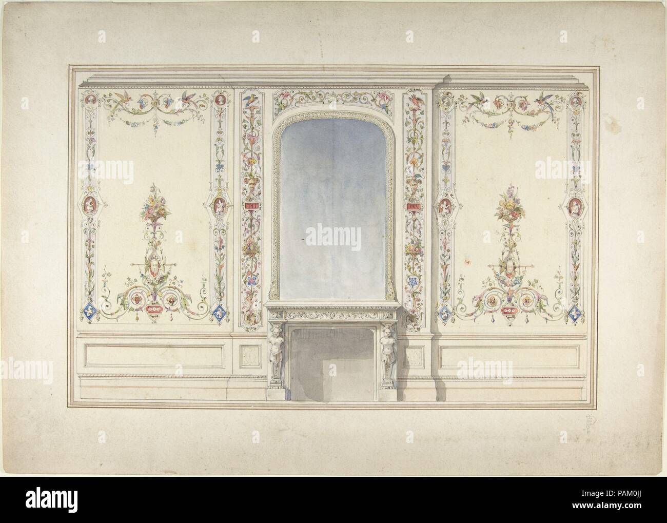 Erhöhung von Kamin Wand des elisabethanischen Revival Zimmer. Designer: John dibblee Crace (Briten, London 1838-1919 London). Maße: Blatt: 12 5/8 x 17 5/8 in. (32,1 x 44,7 cm). Datum: Ca. 1870-90. John dibblee Crace wurde in einer langen Linie der Raumausstatter geboren. Seine Vorfahren Edward und Frederic Crace (British, 1725-1799; 1779-1825) war verantwortlich für die Dekoration der Royal Pavilion in Brighton für König George III. Sein Vater, John Gregory Crace (1809-1889), setzten ihre Familie und hatte auch Partner zu Augustus wurde W.N. Pugin (Briten, London 1812-1852 Ramsga Stockfoto