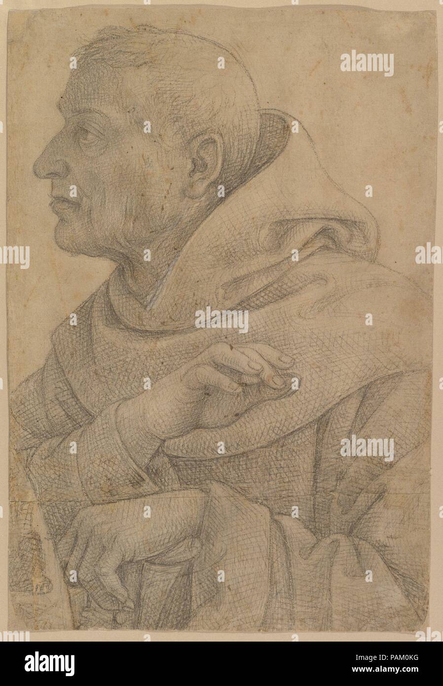 Die heilige Egidius (Cartoon für ein Fresko). Artist: Lo Spagna (Giovanni di Pietro) (Italienisch, Spanien (?) Ca. 1450-1528 Perugia). Abmessungen: 15 5/16 x 9 5/8 in. (38,9 x 24,4 cm). Datum: 1514-16. Dieses sorgfältig erbrachten Arbeiten Zeichnung von etwa 1514-16 produziert wurde wie ein Cartoon oder full-scale Design, für die Figur des Heiligen Egidius Fresken auf der rechten Eingang Wand des kleinen polygonalen Kapelle (die "Cappella del Transito") durch die südlichen Querschiff der Basilika von Santa Maria degli Angeli in Assisi, Kennzeichnung der Ort, wo der Hl. Franziskus am 3. Oktober 1226 starb. Ein Franziskaner ein Stockfoto