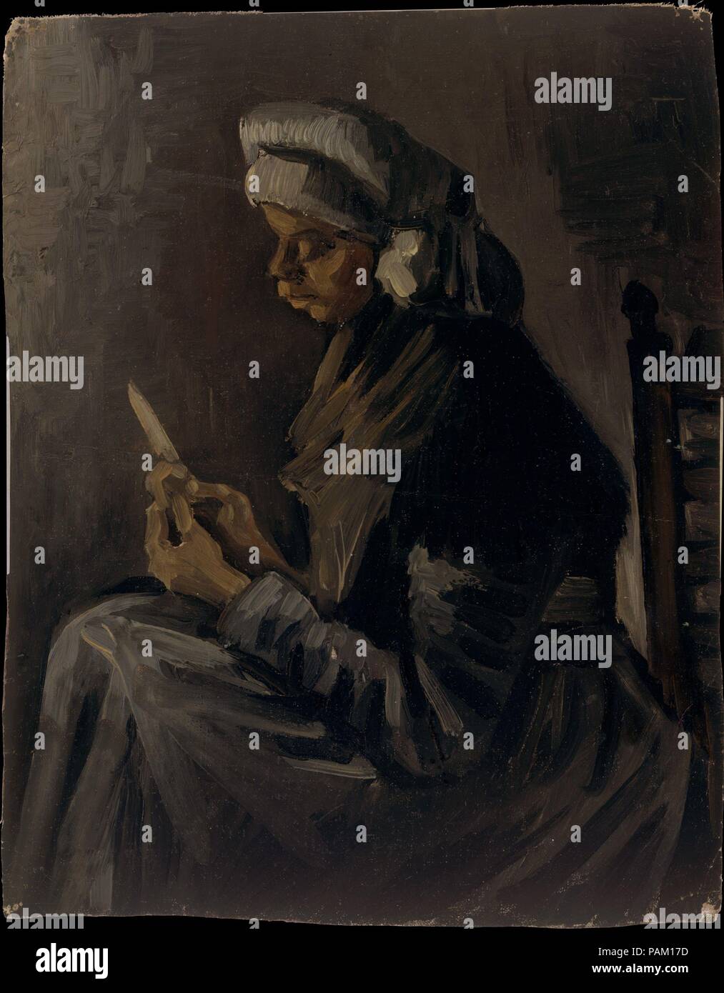 Der Sparschäler (reverse: Selbstbildnis mit Strohhut). Künstler: Vincent Van Gogh (Niederländisch, Zundert 1853-1890 Auvers-sur-Oise). Abmessungen: 16 x 12 1/2 in. (40,6 x 31,8 cm). Datum: 1885. Dieses Gemälde von Februar/März 1885 mit seinen eingeschränkten Palette von dunklen Tönen, grob facture, und blocky zeichnen, ist typisch für die Werke Van Gogh in Nuenen das Jahr gemalt, bevor er Holland für Frankreich. Seine bäuerlichen Studien von 1885 in seine erste wichtige Gemälde gipfelte, <i>Die Kartoffelesser</i> (Van Gogh Museum, Amsterdam). Museum: Metropolitan Museum of Art, New York, USA. Stockfoto