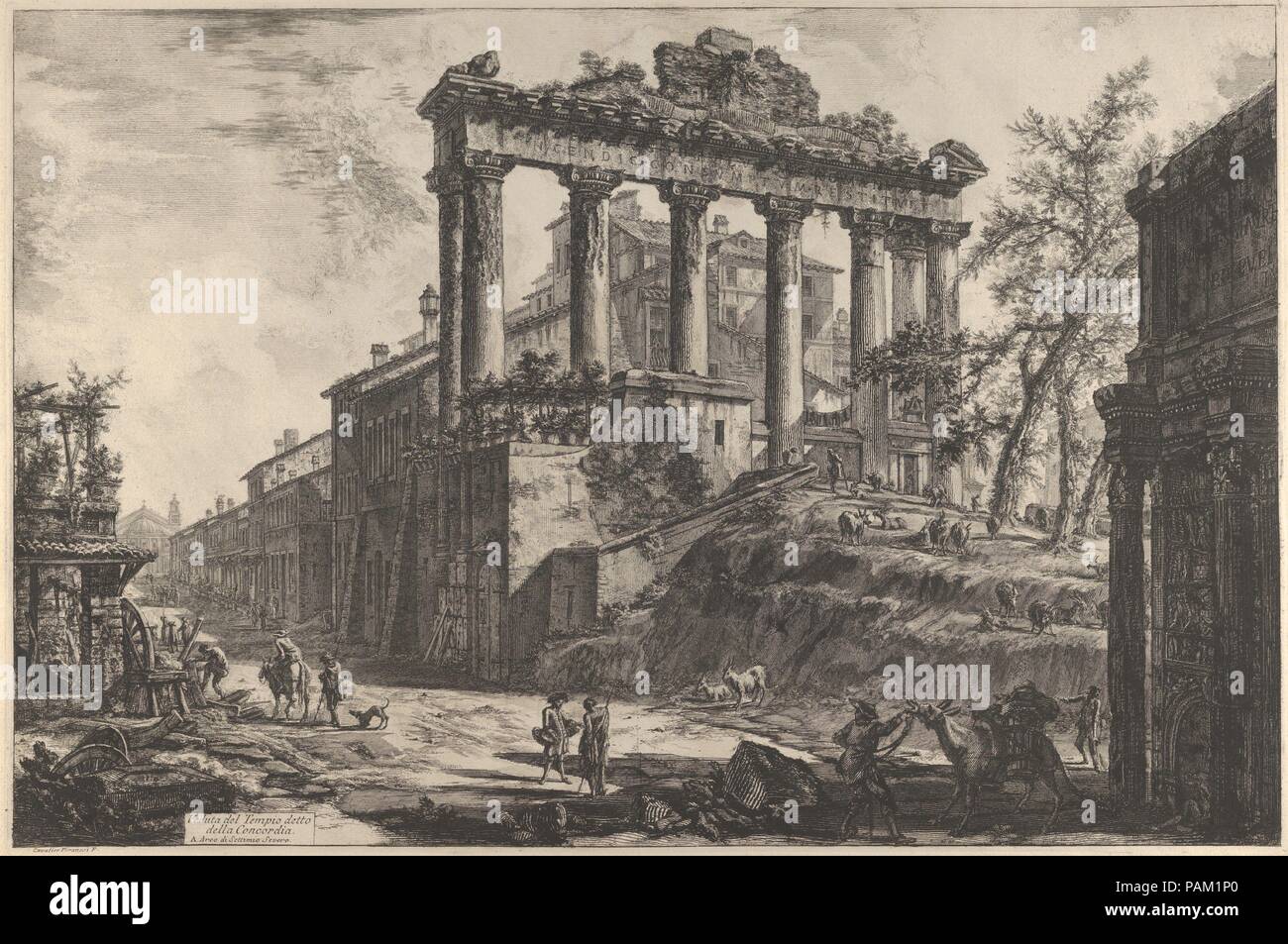 Blick auf die so genannte Tempel der Eintracht mit dem Tempel des Saturn, auf der rechten der Triumphbogen des Septimius Severus. Artist: Giovanni Battista Piranesi (Italienisch, Mogliano Veneto Rom 1720-1778). Maße: Blatt: 21 3/16 x 31 3/16 in. (53,8 x 79,2 cm) Platte: 18 9/16 x 27 3/4 in. (47,1 x 70,5 cm). Datum: 1760-78. Museum: Metropolitan Museum of Art, New York, USA. Stockfoto