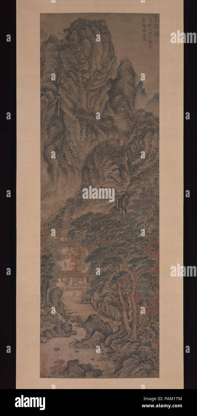 Die einfache Rückzug. Artist: Wang Meng (Chinesisch, Ca. 1308-1385). Kultur: China. Abmessungen: Bild: 53 3/4 x 17 5/8 in. (136,5 x 44,8 cm) Insgesamt mit Befestigung: 101 1/4 x 24 3/4 in. (257,2 x 62,9 cm) Insgesamt mit Knöpfe: 101 1/4 x 28 11/16 in. (257,2 x 72,9 cm). Datum: Ca. 1370. Wang Meng Gelehrten in Ihren Exerzitien dargestellt, Erstellen von imaginären Porträts, erfassen nicht die physische Ähnlichkeit mit einer Person oder einem Ort, sondern vielmehr eine innere Welt der Gemeinschafts-Verbände und Ideale. Er stellte die Meister der einfachen Rückzug als Gentleman Einsiedler. An der Pforte von einem rustikalen Hermitage sitzt, er ist Stockfoto