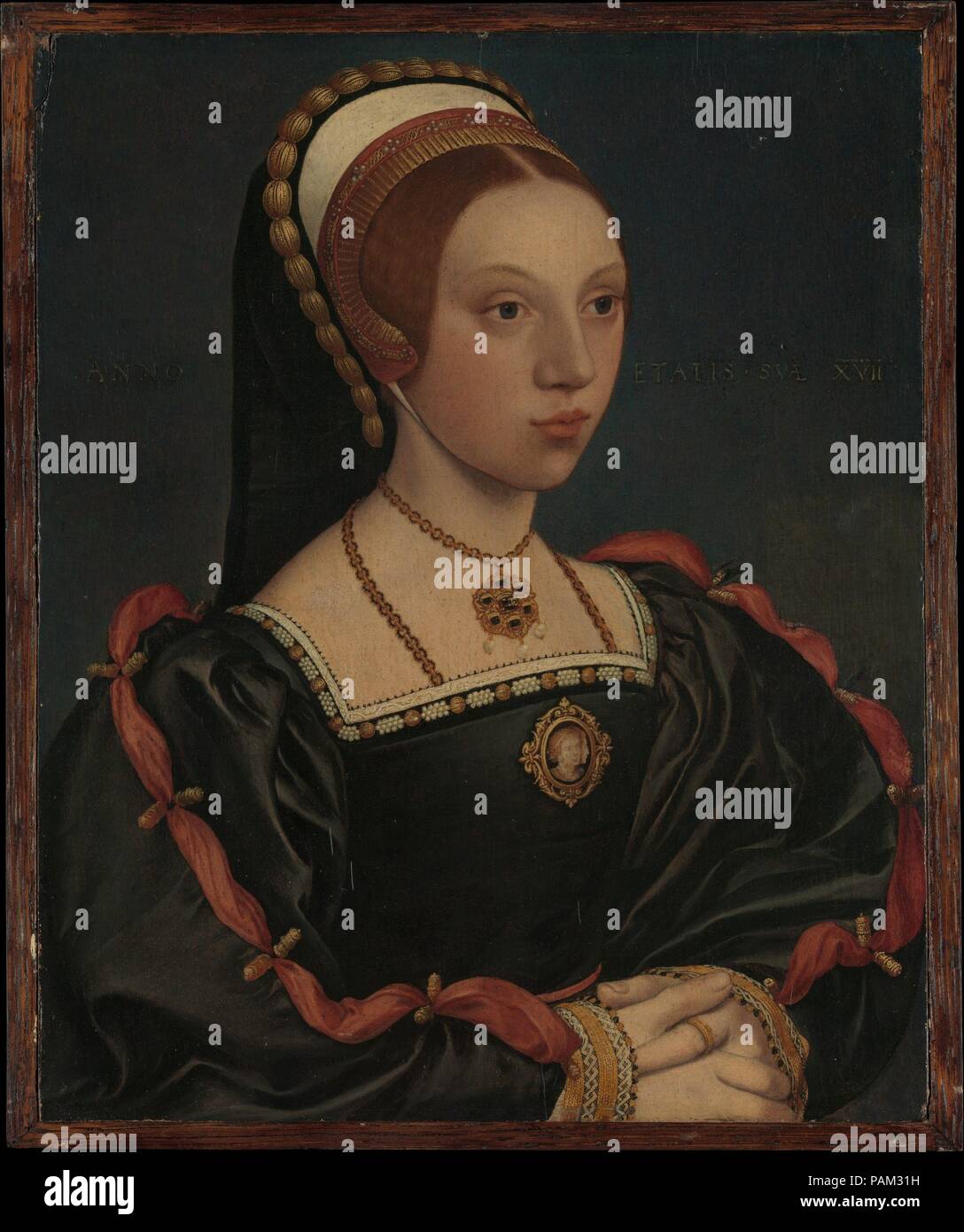 Portrait einer jungen Frau. Artist: Workshop von Hans Holbein der Jüngere (Deutsch, Augsburg 1497/98-1543 London). Abmessungen: 11 1/8 x 9 1/8 in. (28,3 x 23,2 cm). Datum: Ca. 1540-45. Museum: Metropolitan Museum of Art, New York, USA. Stockfoto