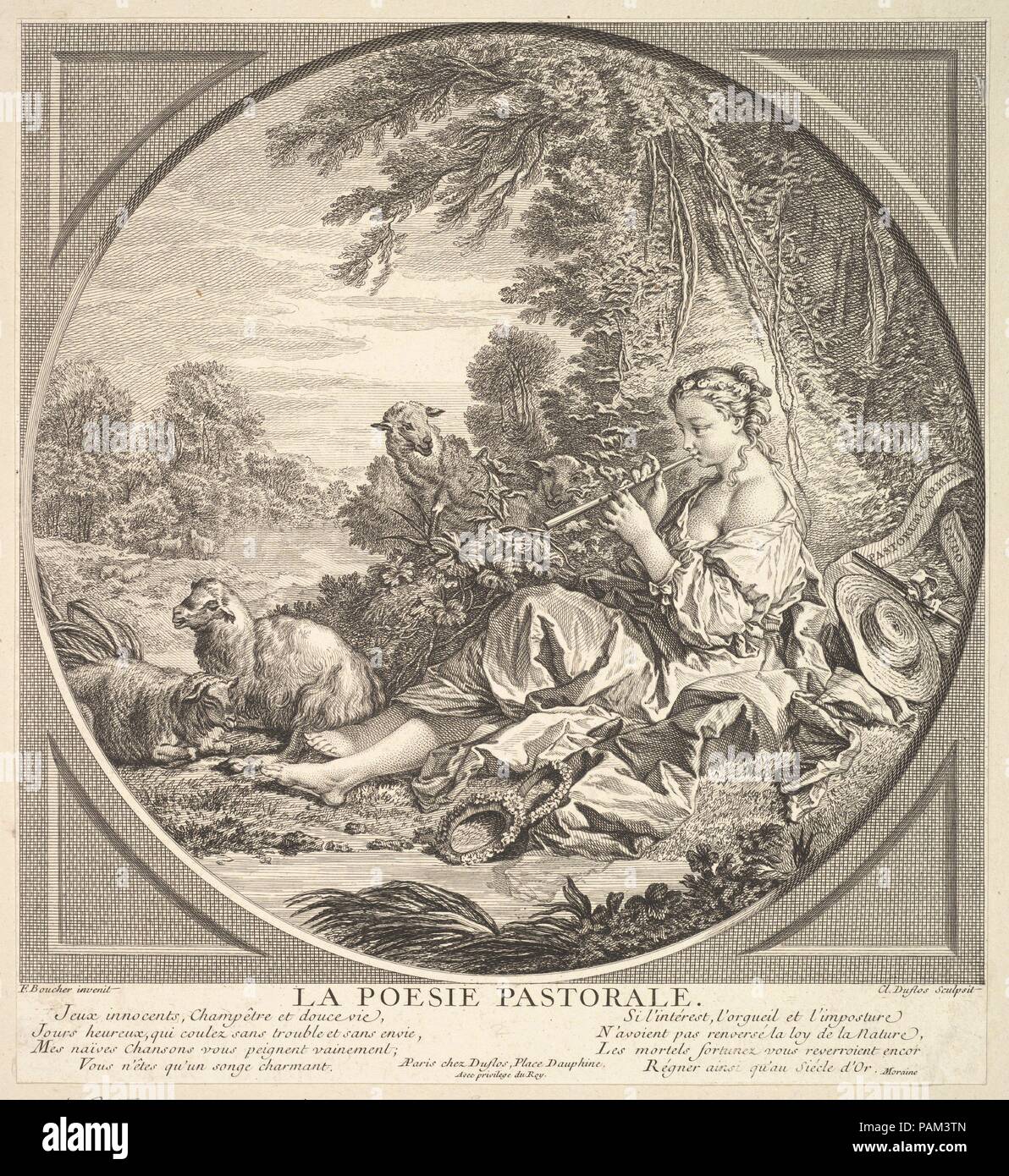 Pastoralen Poesie. Artist: Nachdem François Boucher (Französisch, Paris 1703-1770 Paris); Claude Augustin Duflos le Jeune (Französisch, Paris 1700-1786 Paris). Abmessungen: Blatt (getrimmte): 10 3/16 x 9 5/16 in. (25,9 × 23,6 cm). Serie/Portfolio: Die Vier Gedichte (Les Quatre Poésies). Datum: Ca. 1742. Museum: Metropolitan Museum of Art, New York, USA. Stockfoto