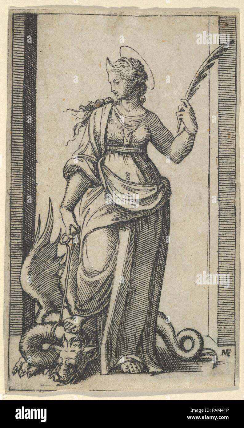 Saint Margaret stehend, ein Drache auf der linken Seite, aus der Serie "piccoli Santi" (kleine Heiligen). Artist: Marcantonio Raimondi (Italienisch, Argini (?) Ca. 1480 - vor 1534 Bologna (?)). Abmessungen: 3 1/4 x 2 in. (8,3 x 5,1 cm). Datum: Ca. 1500-1527. Museum: Metropolitan Museum of Art, New York, USA. Stockfoto