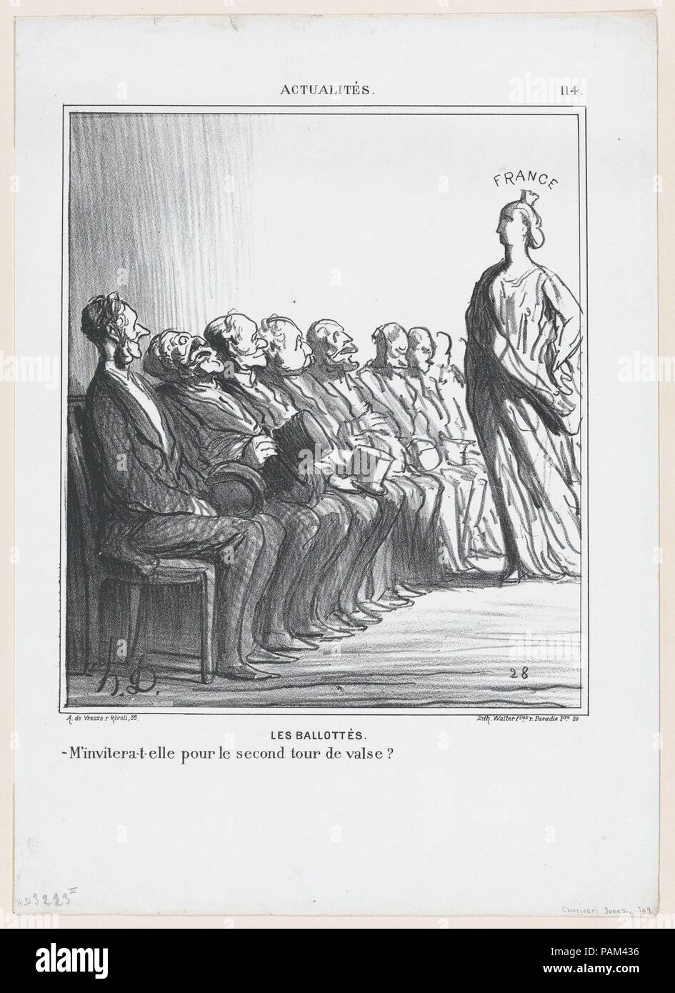 Run-off-Wahlen: Wird sie laden mich für einen zweiten Walzer?, von "Nachricht des Tages", in Le Charivari, 2. Juni 1869 veröffentlicht. Artist: Honoré Daumier (Französisch, Marseille 1808-1879 Valmondois). Abmessungen: Bild: 9 3/8 x 8 1/8 in. (23,8 x 20,7 cm Blatt: 14 1/4 x 10 1/4 in. (36,2 × 25,9 cm). Drucker: Walter Frères. Herausgeber: Arnaud de Comblain-la-Tour. Serie/Portfolio: "Nachricht des Tages" (CMS). Datum: Juni 2, 1869. Museum: Metropolitan Museum of Art, New York, USA. Stockfoto