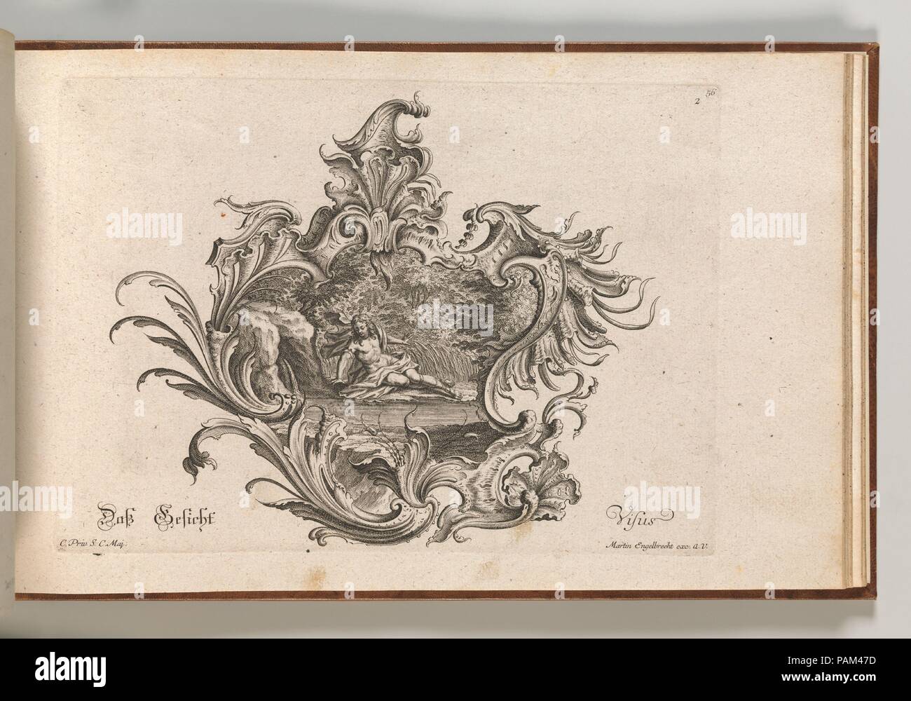 Design für eine Kartusche und Vertretung der Ight', Platte 2 Ab'Neu Inventierte in sterben artigste Facon- nutzliche Schild.'. Artist: Nach Johannes Rumpp (Central European, aktive Augsburg Ca. 1730-1750). Abmessungen: Insgesamt: 8 7/16 x 13 3/4 in. (21,5 × 35 cm). Engraver: Johann Georg Pintz (Deutsch, 1697-1767). Herausgeber: Martin Engelbrecht (Deutsch, Augsburg 1684-1756 Augsburg). Datum: gedruckt werden kann. 1750-56. Ornament Druck mit einem Design für eine rocaille Kartusche, mit einer Darstellung des narziß selbst bewundern in einem Pool von Wasser im Fahrgastraum, der Sinn des Ight' zu illustrieren. Stockfoto