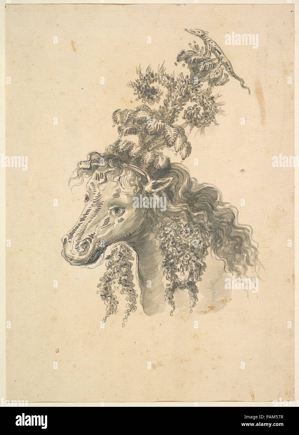 Design für die Kopfbedeckung der ein Pferd durch eine kleine Eidechse gekrönt. Artist: Möglicherweise von Baccio del Bianco (Italien, Florenz 1604-1656 Escorial) (und Workshop). Maße: Blatt: 16 5/8 x 15 1/2 in. (42,3 x 39,3 cm). Datum: 1620-1800. Pferdekopf, von der Seite dargestellt, mit einem Kopfschmuck aus Federn, Blumen, die durch eine kleine Eidechse gekrönt. Blumen sind auch an den Hals des Pferdes. Museum: Metropolitan Museum of Art, New York, USA. Stockfoto