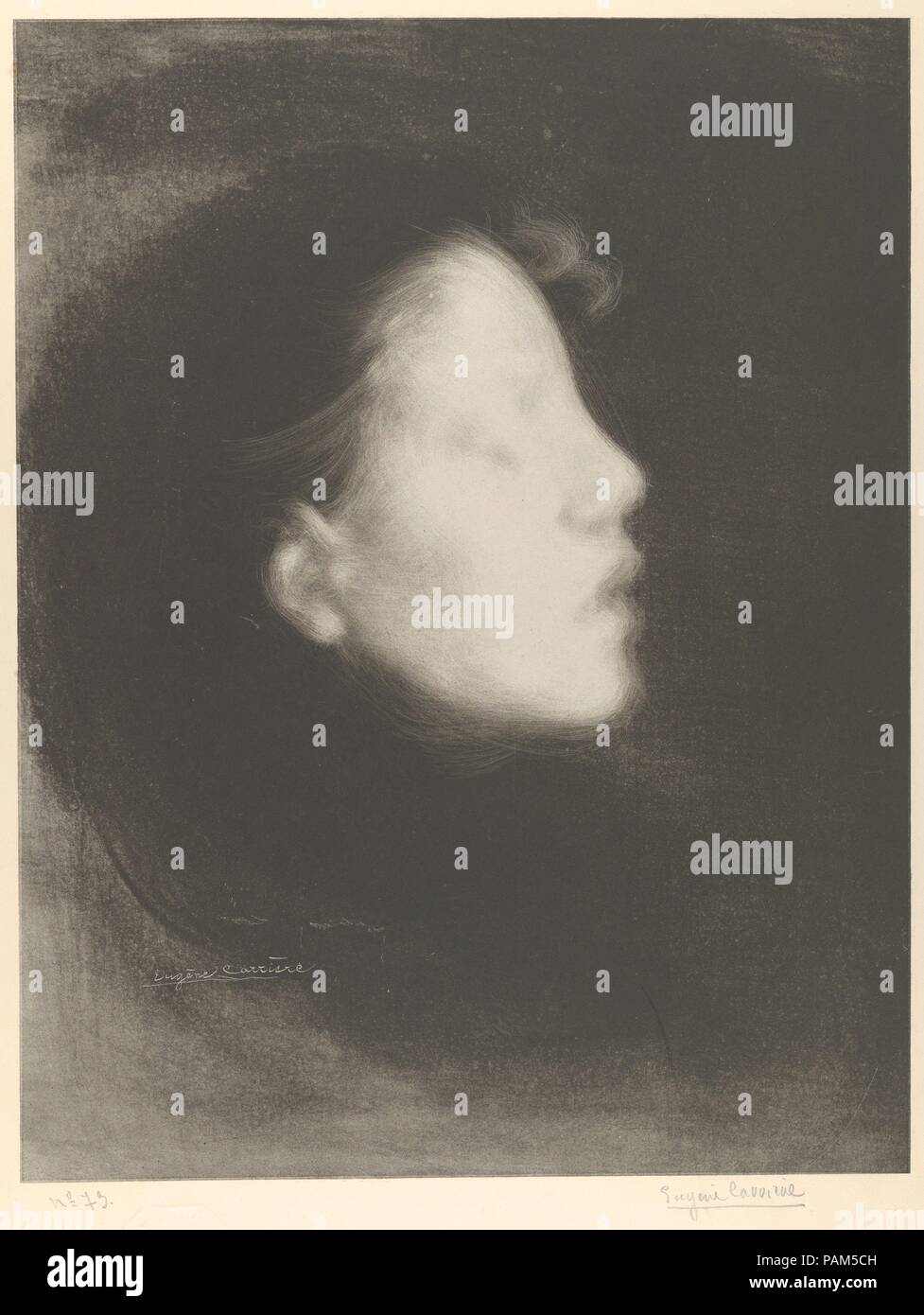 Kopf einer Frau (Tête de femme) (Nelly Carrière/geschlossenen Augen/Profil eines jungen Mädchens). Artist: Eugène Carrière (Französisch, Gournay 1849-1906 Paris). Abmessungen: Bild: 18 5/16 x 14 1/16-in. (46,5 × 35,7 cm) Blatt: 23 5/8 x 16 7/8 in. (60 × 42,9 cm). Herausgeber: André Marty (Französisch, geboren 1857). Serie/Portfolio: l'Estampe Originale, Album IX. Datum: 1895. Museum: Metropolitan Museum of Art, New York, USA. Stockfoto