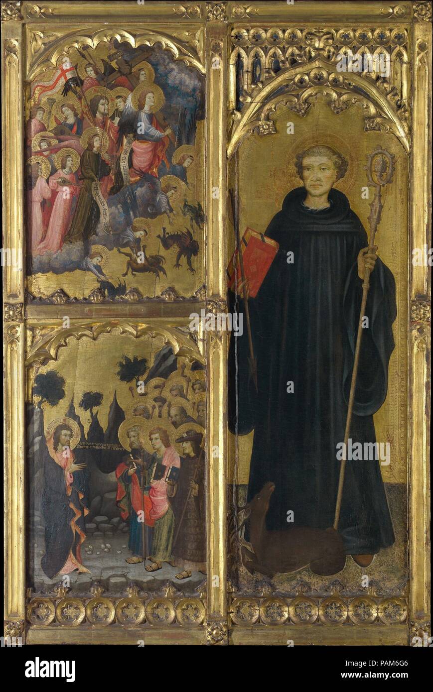 Saint Giles mit Christus Triumphierend über Satan und die Sendung der Apostel. Artist: Miguel Alcañiz (oder Miquel Alcanyís) (Spanisch, Valencia, aktiv von 1408 - starb nach 1447). Abmessungen: Insgesamt 59 5/8 x 39 1/2 in. (151.4 x 100.3 cm); obere linke Klappe, in lackierter Oberfläche 24 1/8 x 16 7/8. (61,3 x 42,9 cm); untere linke Verkleidung, lackiert Oberfläche 24 5/8 x 16 7/8 in. (62,5 x 42,9 cm); rechts, lackierte Oberfläche 46 1/8 x 16 7/8 in. (117,2 x 42,9 cm). Datum: Ca. 1408. Diese Panels, von der ein Altarbild für die VALENZIANISCHEN Kirche San Juan del Hospital, gehören zu den frühesten Werke von Miguel Alcañiz, ein Stockfoto