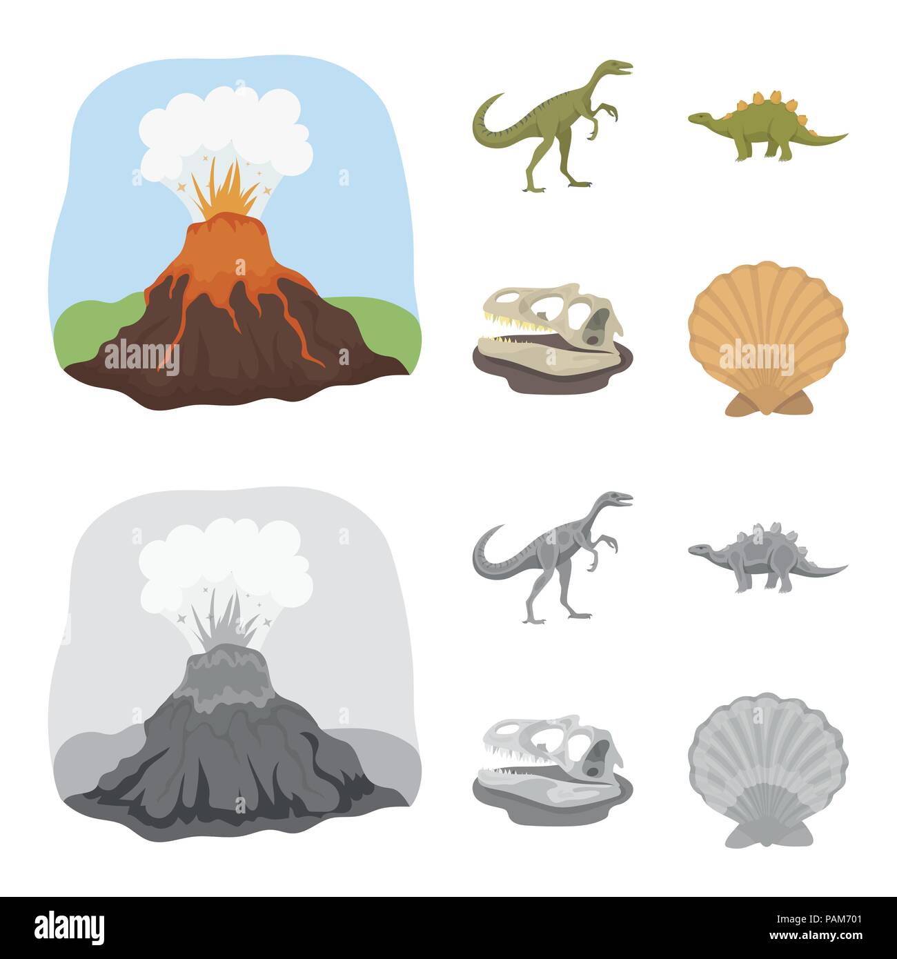 Vulkanausbruch, gallimimus, Stegosaurus, Dinosaurier Schädel. Dinosaurier und prähistorischen Periode set Sammlung Icons im Cartoon, Schwarzweiß-Stil Vektor sym Stock Vektor