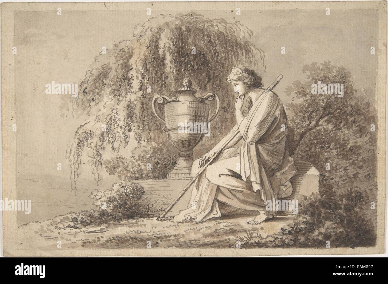 Weibliche Figur sitzt neben einer Urne. Artist: Kreis von Angelica Kauffmann (Schweiz, Chur 1741-1807 Rom). Abmessungen: 4 7/8 x 7 5/16 in. (12,4 x 18,6 cm). Datum: 1800. Museum: Metropolitan Museum of Art, New York, USA. Stockfoto