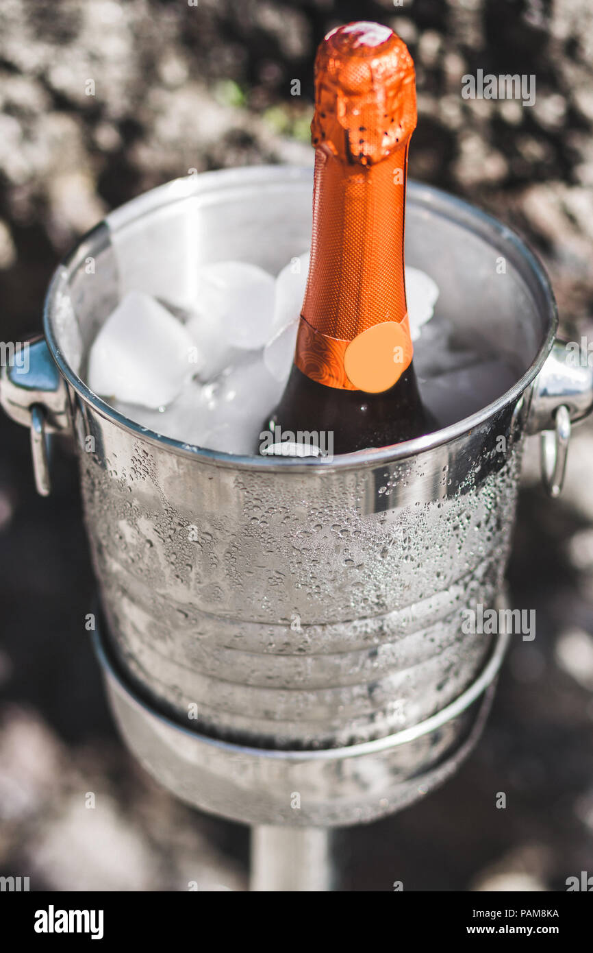 Flasche Sekt in einem Eiskübel Stockfoto