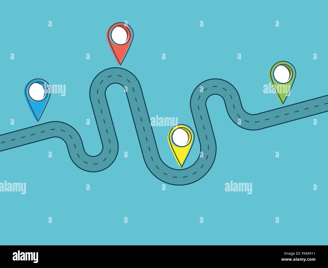 Reise und Reise Route. Reise Infografik flache Design Vorlage mit Pin Pointer. Kurvenreiche Straße auf einen farbigen Hintergrund. Vector EPS 10. Stock Vektor