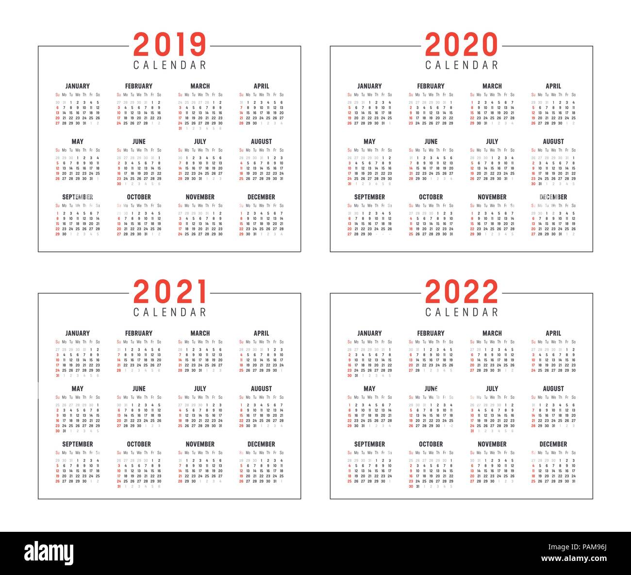 Der minimalistische Kalender, Jahre 2019 2020 2021 2022 Wochen anfang  Sonntag, auf weissem Hintergrund - Vektor vorlagen Stock-Vektorgrafik -  Alamy