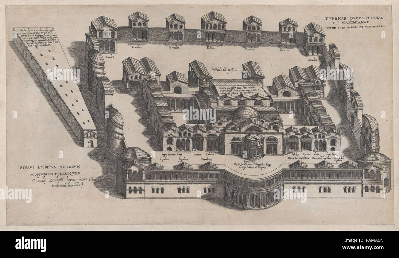 Speculum romanae Magnificentiae: Die Thermen des Diokletian. Artist: Giovanni Ambrogio Brambilla (Italienisch, aktive Rom, 1575-99). Maße: Blatt: 11 7/8 x 20 7/8 in. (30,2 x 53 cm): 16 7/8 x 22 1/8 in. (42,8 x 56,2 cm). Herausgeber: Claudio Duchetti (Italienisch, aktive Venedig und Rom, Ca. 1565 - starb. 1585). Serie/Portfolio: Speculum romanae Magnificentiae. Datum: 1582. Dieser Ausdruck stammt aus der Kopie für das Museum von Speculum romanae Magnificentiae (Der Spiegel der Römischen Pracht) Das Speculum seinen Ursprung im Verlags- Bemühungen von Antonio Salamanca und Antonio Lafreri gefunden. Während t Stockfoto