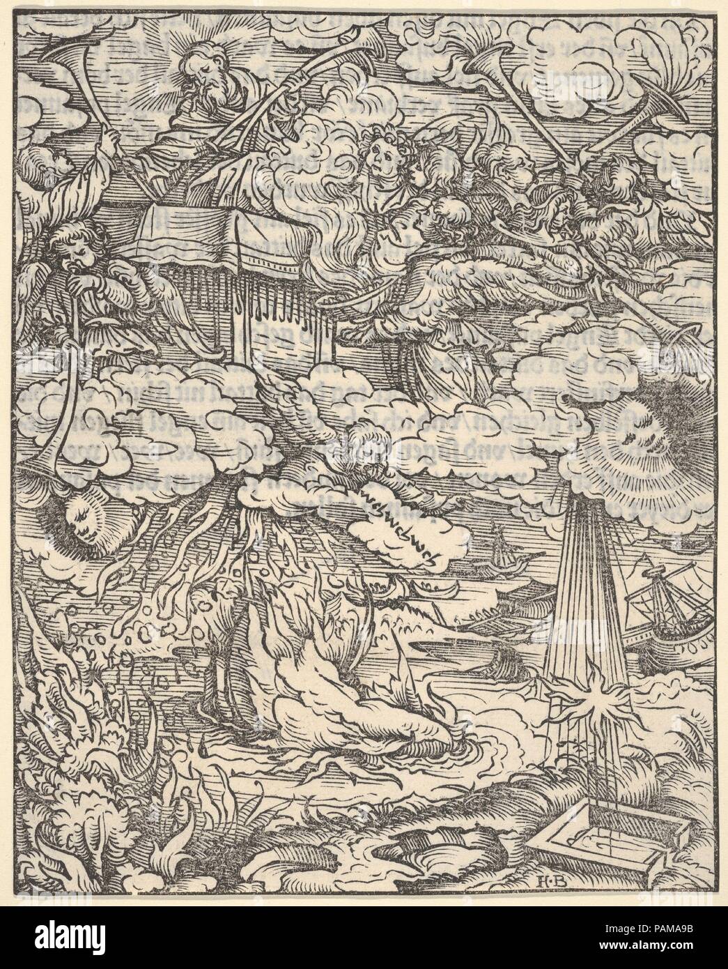 Die ersten vier Posaunen, aus der Apokalypse. Künstler: Hans Burgkmair (Deutsch, Augsburg 1473-1531 Augsburg). Maße: Blatt: 6 3/8 x 5 1/8 in. (16,2 × 13 cm). Erschienen in: Augsburg. Herausgeber: Silvan Otmar (Deutsch, aktive Augsburg, 1513-40). Serie/Portfolio: Die Apokalypse. Datum: 1523-24. Platte 7 aus einer Reihe von 21 Holzschnitte mit Szenen aus der Apokalypse für Martin Luthers Übersetzung des Neuen Testaments. Vier Ausgaben wurden in Augsburg durch Silvan Otmar zwischen März 1523 und April 1524 veröffentlicht. Museum: Metropolitan Museum of Art, New York, USA. Stockfoto