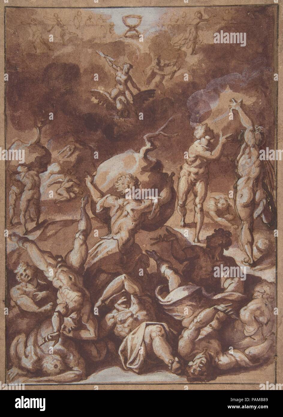 Jupiter im Kampf gegen die Riesen. Künstler: Jacopo Zucchi (Italienisch, Florenz Ca. 1540-1596 Rom). Abmessungen: Insgesamt: 11 1/4 x 8 5/16 in. (28,6 x 21,1 cm). Datum: 1540-96. Diese Zeichnung von Jacopo Zucchi, der markierten Nördlichen Einfluss, wurde bereits richtig im Jahr 1999 von Edmund S. Pillsbury, die MONOGRAPHISCHE Studien über die Künstlerin veröffentlicht erkannt, der bei seinem Verkauf an der Auktion (Sotheby's, New York, Januar 27, 1999, 22). Das Thema des Blattes, entnommen aus Ovids Metamorphosen (1:152-8) und Fasti (5:35-44), erinnert der Geschmack für mythologische Gemälde von Kardinal Ferdinando de' Medici, Zucchi' Stockfoto