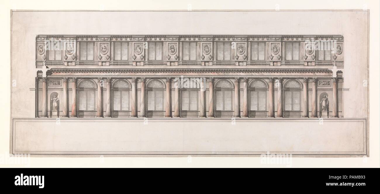Längsschnitt der Große Thronsaal (Saint George's Hall), Winter Palast, St. Petersburg. Artist: Giacomo Quarenghi zugeschrieben (Italienisch, Rota d'Imagna in der Nähe von Bergamo 1744-1817 Sankt Petersburg). Maße: Blatt: 14 5/16 x 34 11/16 in. (36,4 x 88,1 cm) Bild: 14 x 34 3/8 in. (35,6 x 87,3 cm). Datum: Ca. 1776. Museum: Metropolitan Museum of Art, New York, USA. Stockfoto