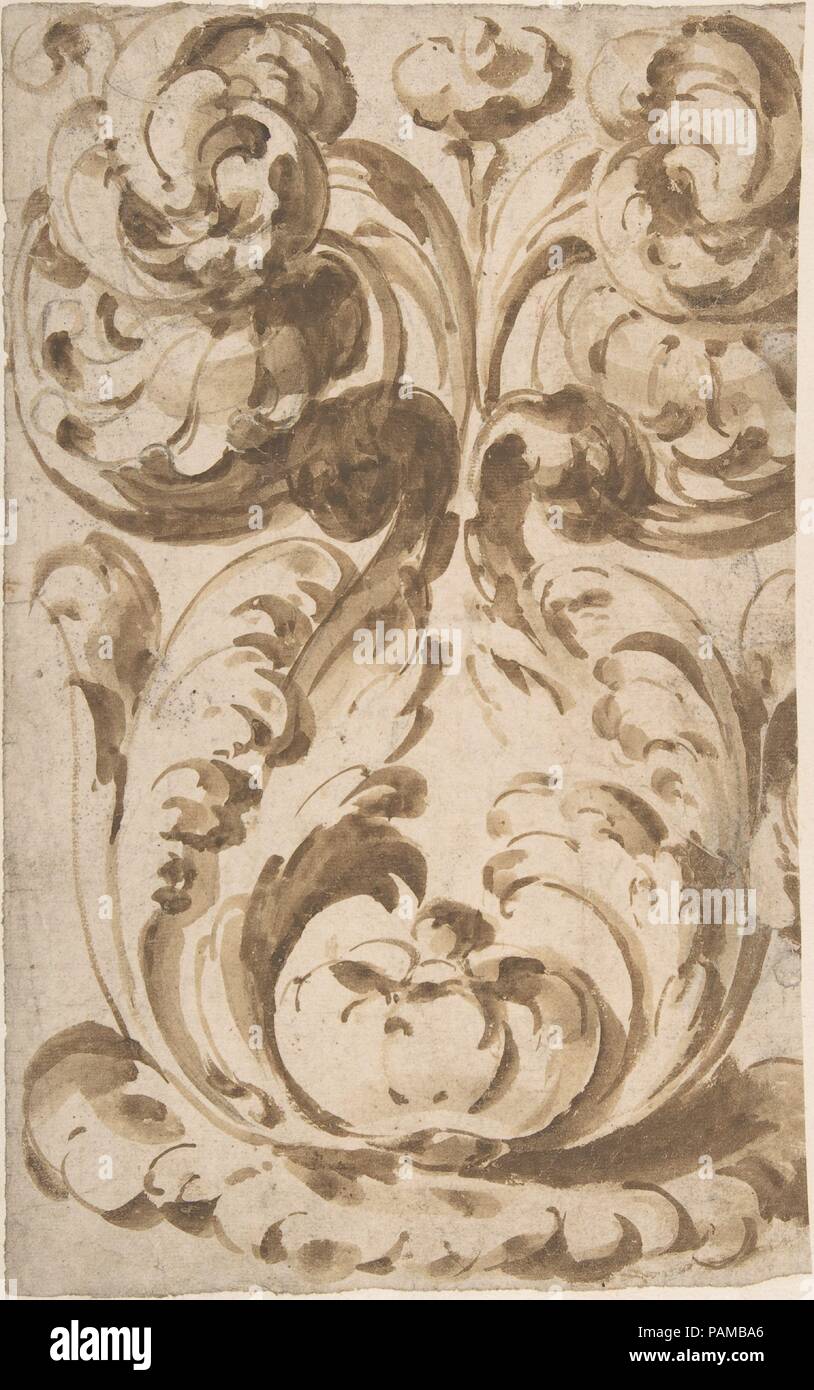 Symmetrisches Design nach oben wachsenden Akanthus Schriftrollen. Artist: Anonyme, Italienisch, 17. Abmessungen: Bild: 12 1/2 x 7 11/16 in. (31,8 x 19,6 cm). Datum: 17. Museum: Metropolitan Museum of Art, New York, USA. Stockfoto