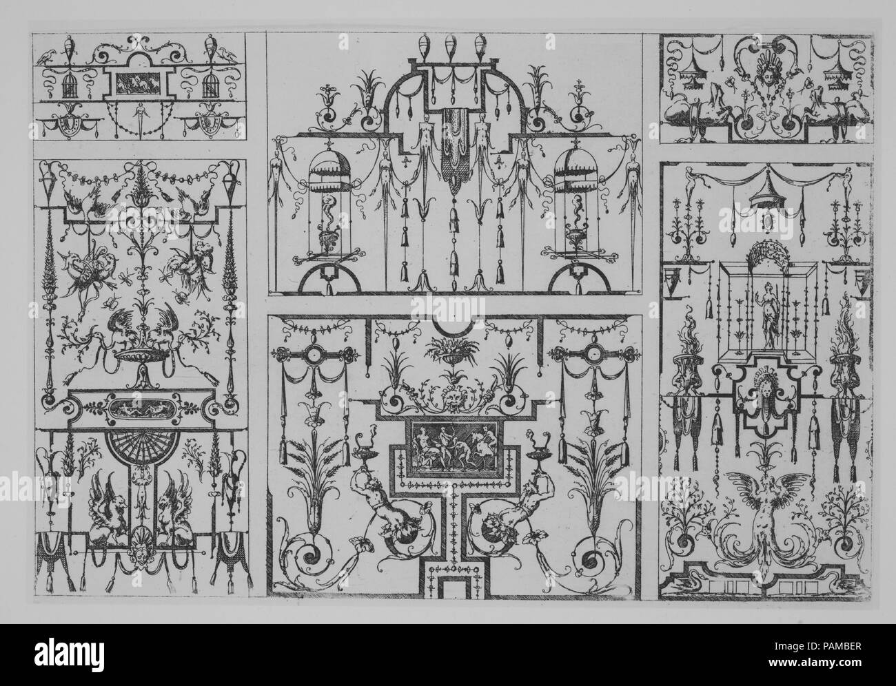 Groteske Ornament Panel. Artist: Jacques Androuet Du Cerceau (Französisch, Paris 1510/12-1585 Annecy). Abmessungen: Blatt (getrimmte): 6 7/16 x 9 9/16-in. (16,3 × 24,3 cm). Serie/Portfolio: Livre de Grotesken. Datum: 1566. Museum: Metropolitan Museum of Art, New York, USA. Stockfoto