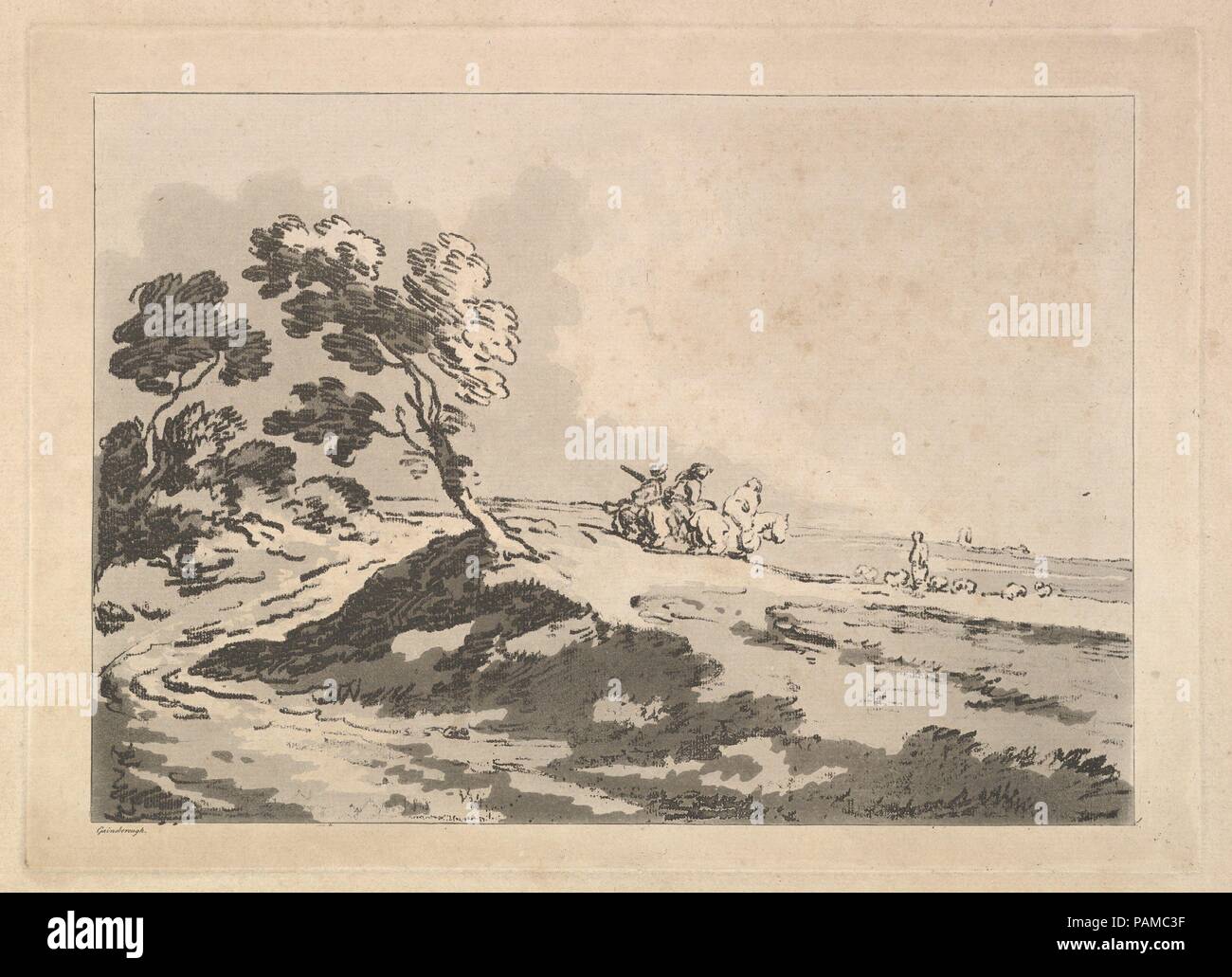 Offene Landschaft mit drei Reiter in der Mitte Position nach rechts, Verwehten Bäume auf der linken Seite. Artist: Nach Thomas Gainsborough (Briten, Sudbury 1727-1788 London). Abmessungen: Platte: 9 15/16 x 13 7/8 in. (25,2 x 35,2 cm) Blatt: 12 3/8 x 18 1/2 in. (31,5 x 47 cm). Plasmaätzer: Thomas Rowlandson (Briten, London 1757-1827 London). Erschienen in: London. Serie/Portfolio: Nachahmungen von modernen Zeichnungen. Datum: 1784-88. Museum: Metropolitan Museum of Art, New York, USA. Stockfoto