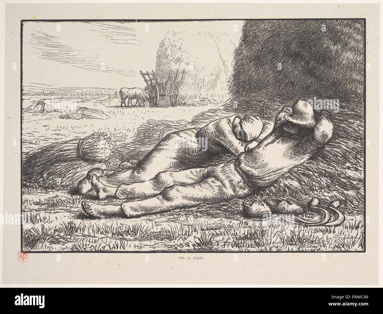 Mid-Day, aus der Serie, vier Mal am Tag. Artist: Nach Jean-François Millet (Französisch, Gruchy 1814-1875 Barbizon); Jacques-Adrien Lavieille (Französisch, 1818-1862). Abmessungen: Block: 5 7/8 x 8 11/16 in. (15 x 22 cm) Blatt: 8 3/16 x 10 11/16 in. (20,8 × 27,1 cm). Serie/Portfolio: vier Mal am Tag. Datum: 1830-75. Museum: Metropolitan Museum of Art, New York, USA. Stockfoto