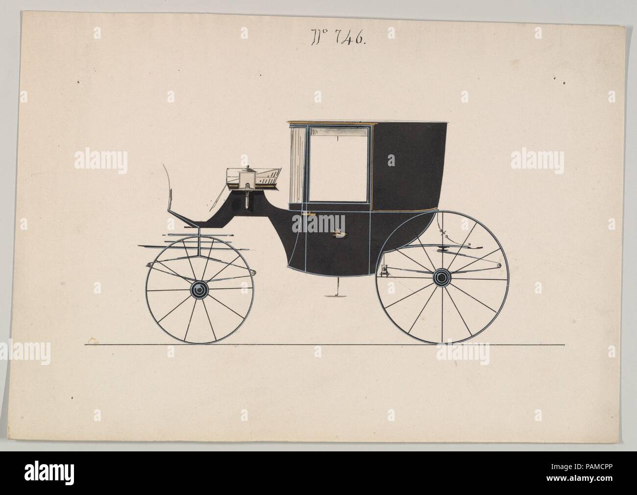 Design für Coupé, nein. 746. Artist: zugeschrieben Paul Rodissart (Amerikanisch, aktive 1850-80). Maße: Blatt: 6 3/16 x 8 3/4 in. (15,7 x 22,2 cm). Hersteller: Brewster & Co (American, New York). Datum: 1850-1870. Brewster & Unternehmen Geschichte Gegründet 1810 von James Brewster (1788-1866) in New Haven, Connecticut, Brewster&Company, bei der Herstellung von feinen Wagen spezialisiert. Der Gründer eröffnet Showroom in New York 1827 am 53-54 Broad Street, und das Unternehmen unter Generationen der Familie Führung blühte. Expansion erforderte bewegt sich rund um Manhattan, mit Namensänderungen re Stockfoto