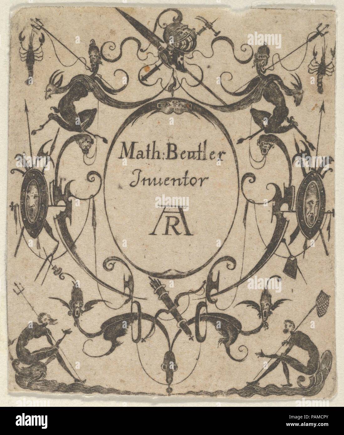 Blackwork Design für Goldsmithwork. Artist: nach mathais Beitler (Deutsch, Ansbach, aktive Ca. 1582-1616). Maße: Blatt: 2 1/8 x 1 13/16 in. (5,4 × 4,6 cm). Datum: nach 1616. Panel mit grotesken um einen zentralen Kartusche. Zwei silhoutted Figuren sitzen unten links (mit Trident) und rechten (mit Netz). Museum: Metropolitan Museum of Art, New York, USA. Stockfoto