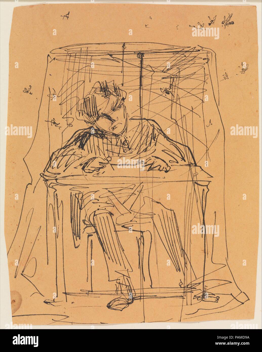 Mann am Tisch unter dem Moskitonetz (aus dem Skizzenbuch). Künstler: James McNeill Whistler (Amerikanische, Lowell, Massachusetts 1834-1903 London). Abmessungen: 4 5/16 x 3 7/16 in. (11 x 8,7 cm). Datum: 1854-55. Museum: Metropolitan Museum of Art, New York, USA. Stockfoto