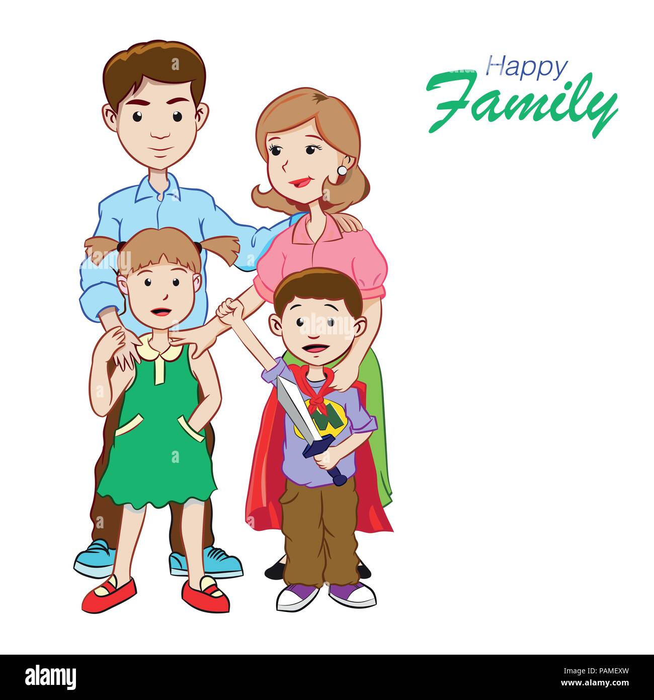 Der glücklichen Familie, Eltern, Jungen und Mädchen mit Text Happy Family, bunte-Cartoon Vector Illustration zu isolieren. Stock Vektor