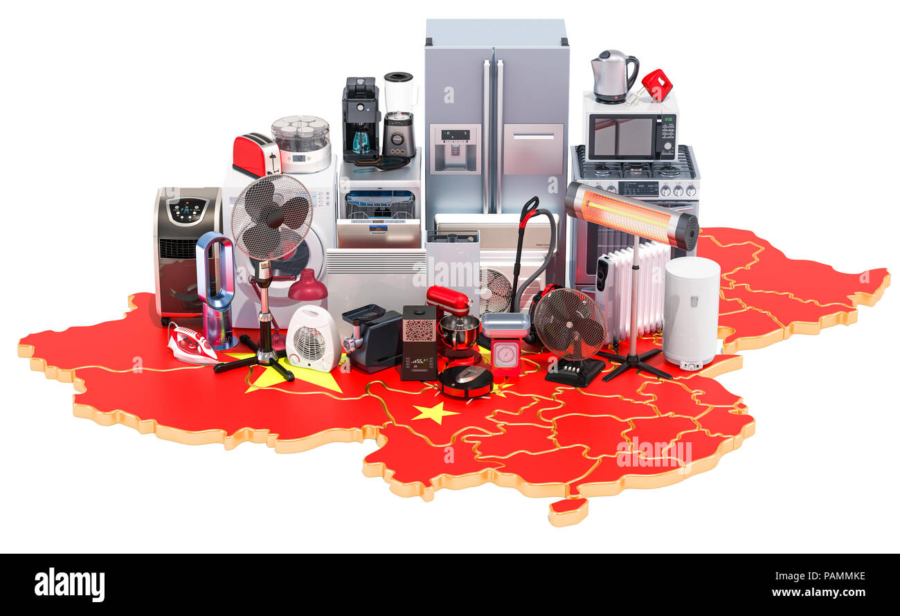 Karte von China mit Haus- und Küchengeräte, 3D-Rendering auf schwarzem Hintergrund Stockfoto