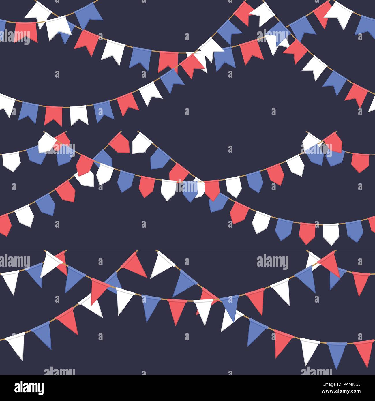 Eingestellt von Garland mit Feier Flaggen Kette, weißen, blauen, roten Fähnchen auf dunklem Hintergrund, Fußzeile und Banner für Feier Stock Vektor