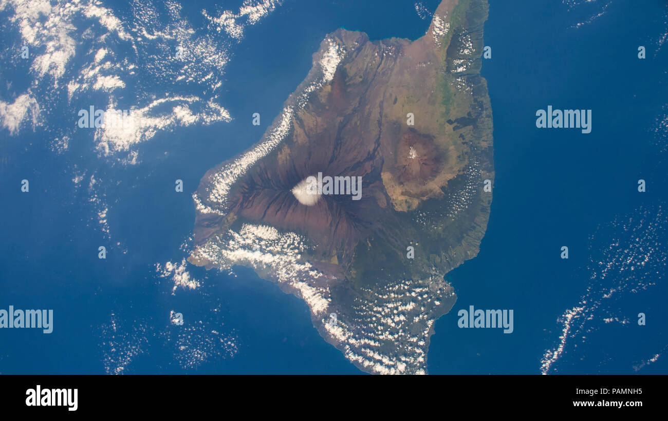 Antenne der grossen Insel von Hawaii, Kilauea, Mauna Loa und Mauna Kea. Stockfoto