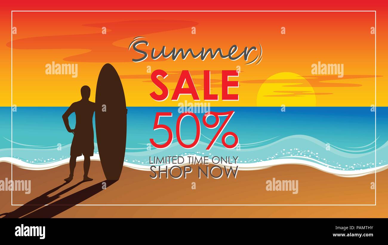 Silhouette von surf Mann stand mit einem Surfbrett mit Text Summer Sale für Mall oder Store promotion und marketing. Surfen am Sunset Beach. Im freien Wasser Stock Vektor
