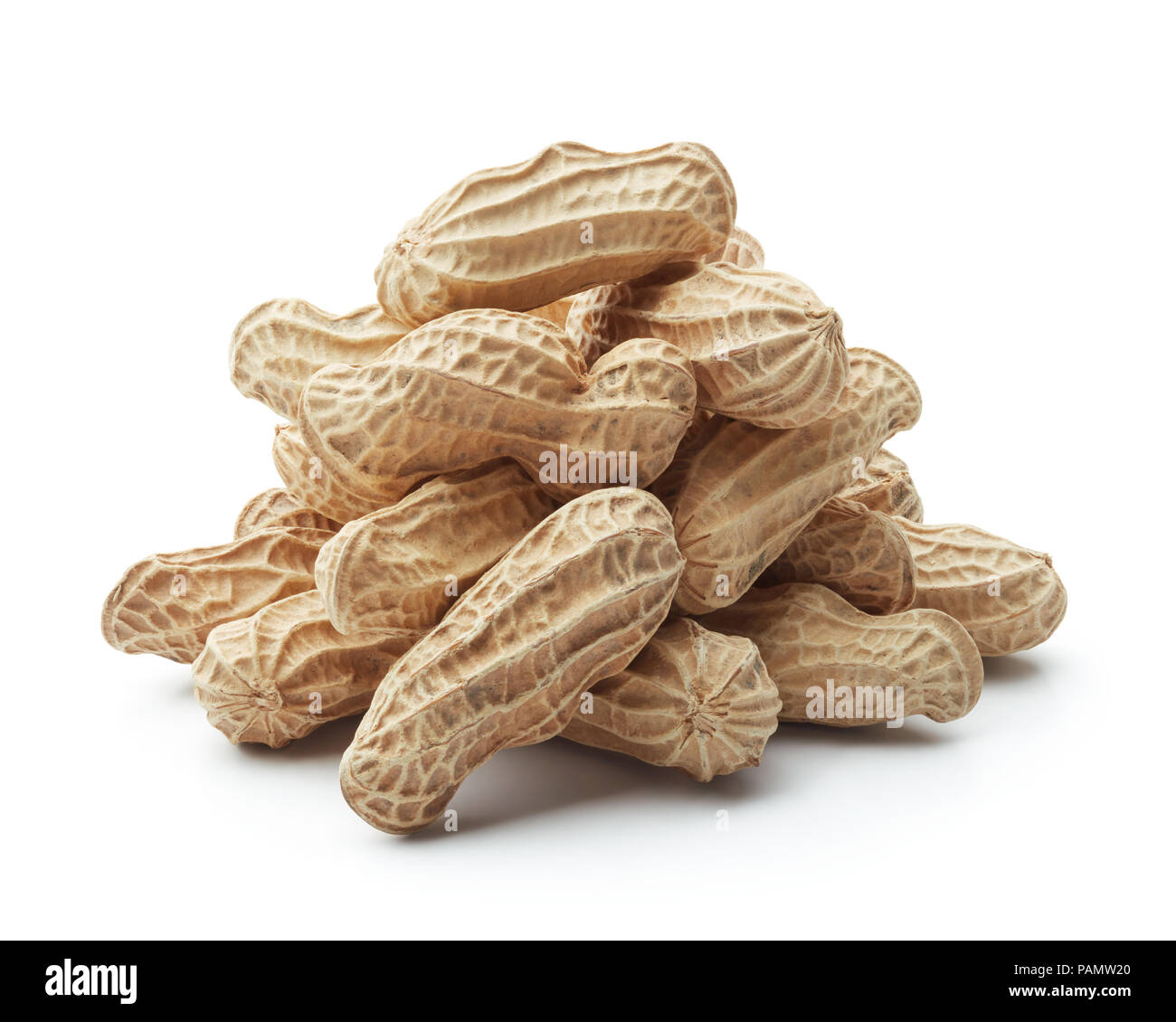 Gruppe von Erdnüssen auf weißem Hintergrund Stockfoto