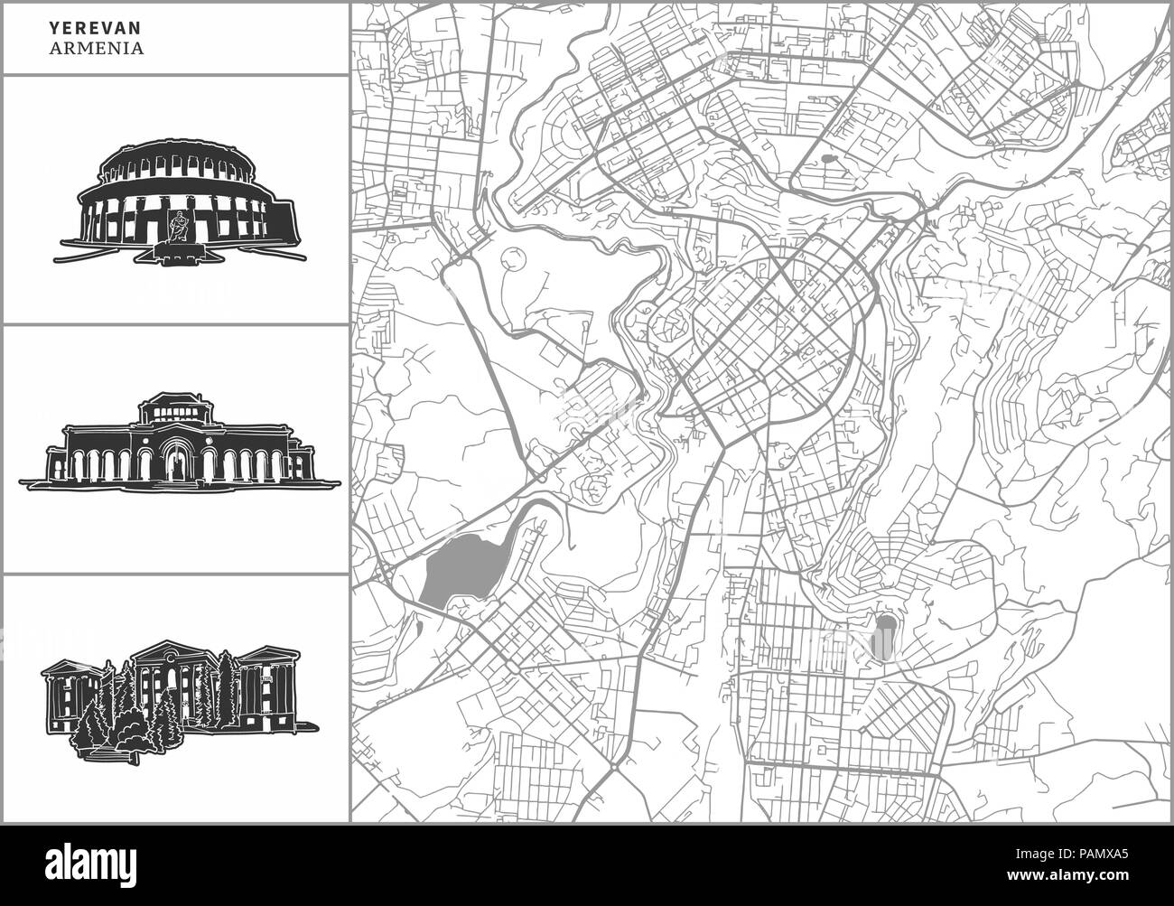 Eriwan Stadtplan mit Hand gezeichnete Architektur Symbole. Alle drawigns, Karte und Hintergrund für einfache Farbe ändern getrennt. Einfache Neupositionierung im Vektor ve Stock Vektor