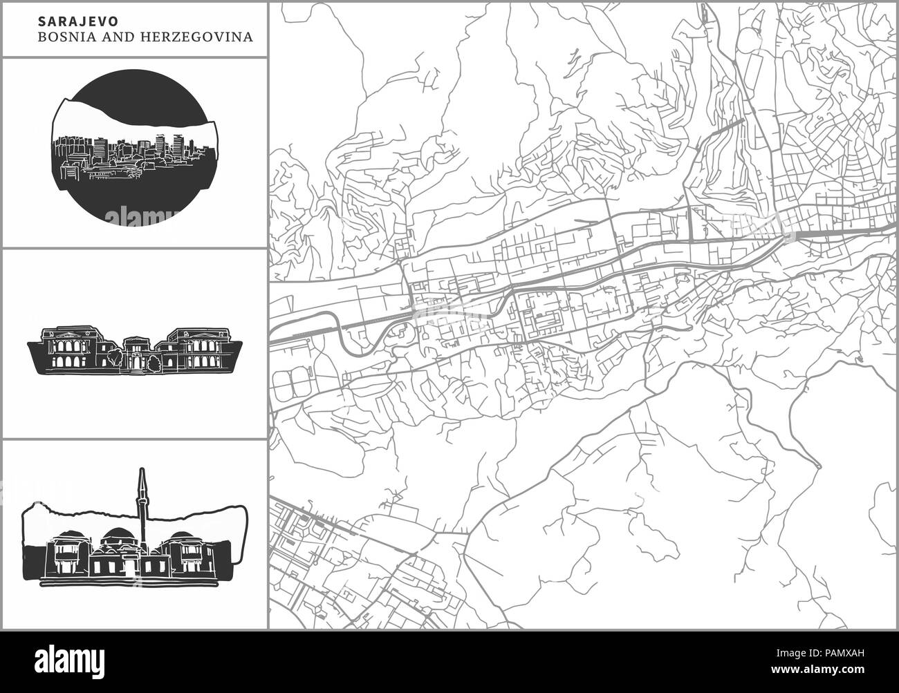 Sarajevo Stadtplan mit Hand gezeichnete Architektur Symbole. Alle drawigns, Karte und Hintergrund für einfache Farbe ändern getrennt. Einfache Neupositionierung im Vektor v Stock Vektor