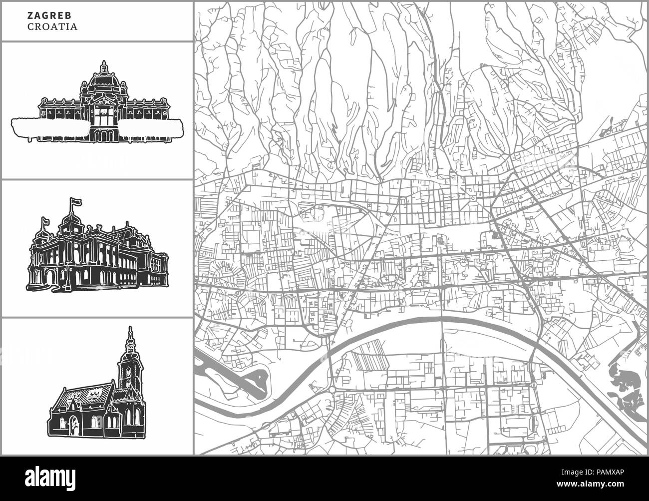 Zagreb Stadtplan mit Hand gezeichnete Architektur Symbole. Alle drawigns, Karte und Hintergrund für einfache Farbe ändern getrennt. Einfache Neupositionierung im Vektor ver Stock Vektor