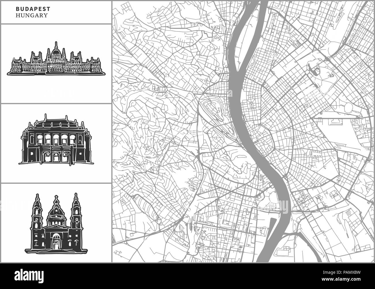 Budapest Stadtplan mit Hand gezeichnete Architektur Symbole. Alle drawigns, Karte und Hintergrund für einfache Farbe ändern getrennt. Einfache Neupositionierung im Vektor v Stock Vektor