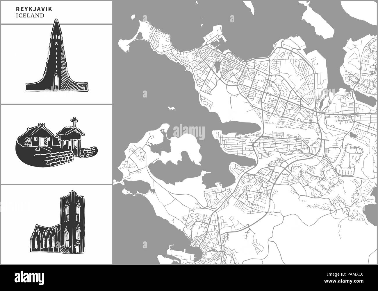 Die Stadt Reykjavik Karte mit Hand gezeichnete Architektur Symbole. Alle drawigns, Karte und Hintergrund für einfache Farbe ändern getrennt. Einfache Neupositionierung im Vektor Stock Vektor