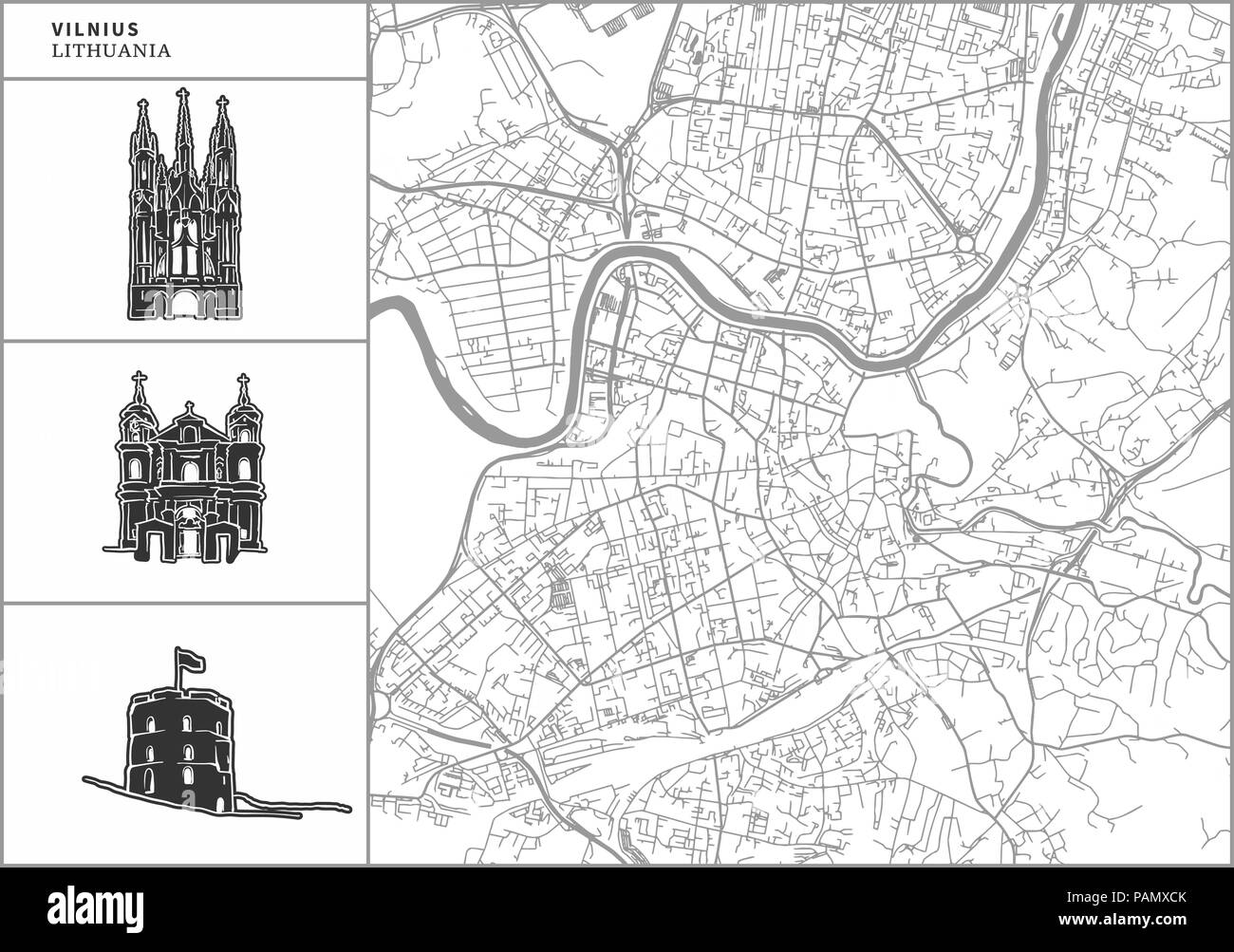 Vilnius City Karte mit Hand gezeichnete Architektur Symbole. Alle drawigns, Karte und Hintergrund für einfache Farbe ändern getrennt. Einfache Neupositionierung im Vektor ve Stock Vektor