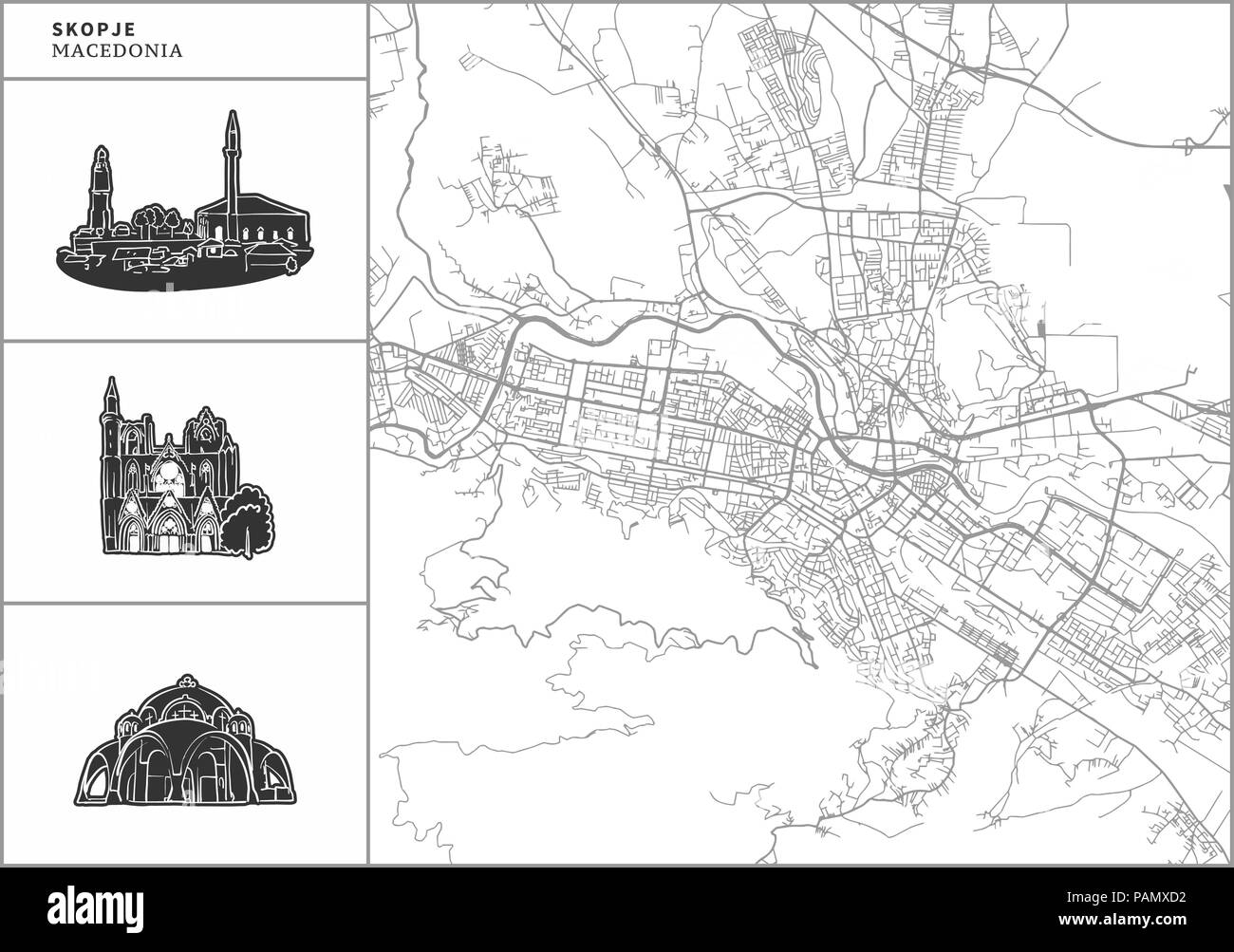 Skopje Stadtplan mit Hand gezeichnete Architektur Symbole. Alle drawigns, Karte und Hintergrund für einfache Farbe ändern getrennt. Einfache Neupositionierung im Vektor ver Stock Vektor