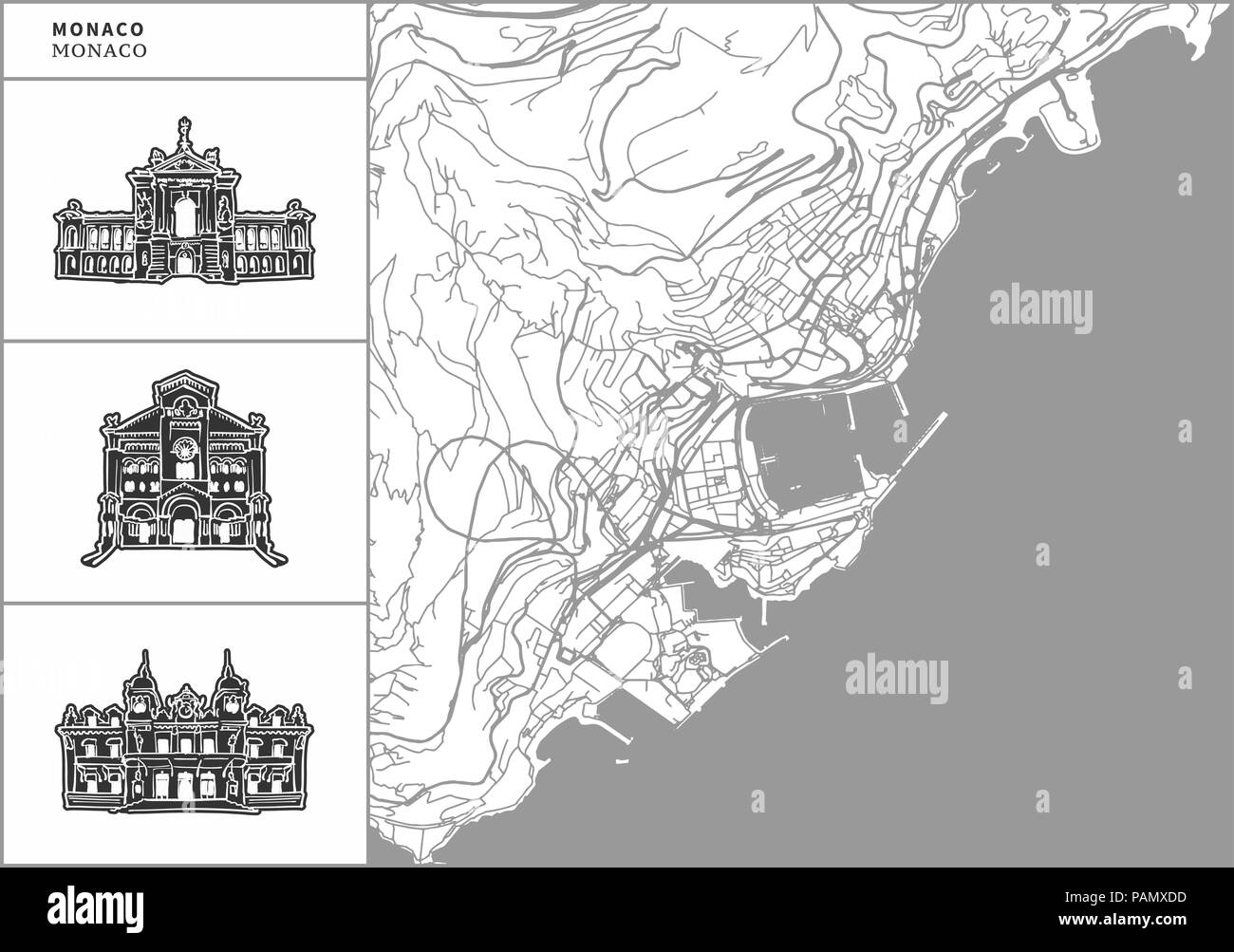 Monaco Stadtplan mit Hand gezeichnete Architektur Symbole. Alle drawigns, Karte und Hintergrund für einfache Farbe ändern getrennt. Einfache Neupositionierung im Vektor ver Stock Vektor