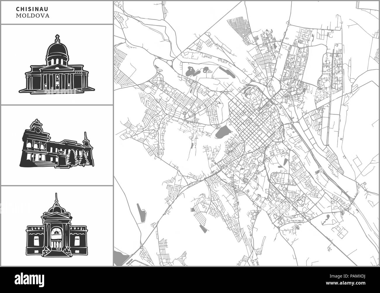 Chisinau Stadtplan mit Hand gezeichnete Architektur Symbole. Alle drawigns, Karte und Hintergrund für einfache Farbe ändern getrennt. Einfache Neupositionierung im Vektor v Stock Vektor